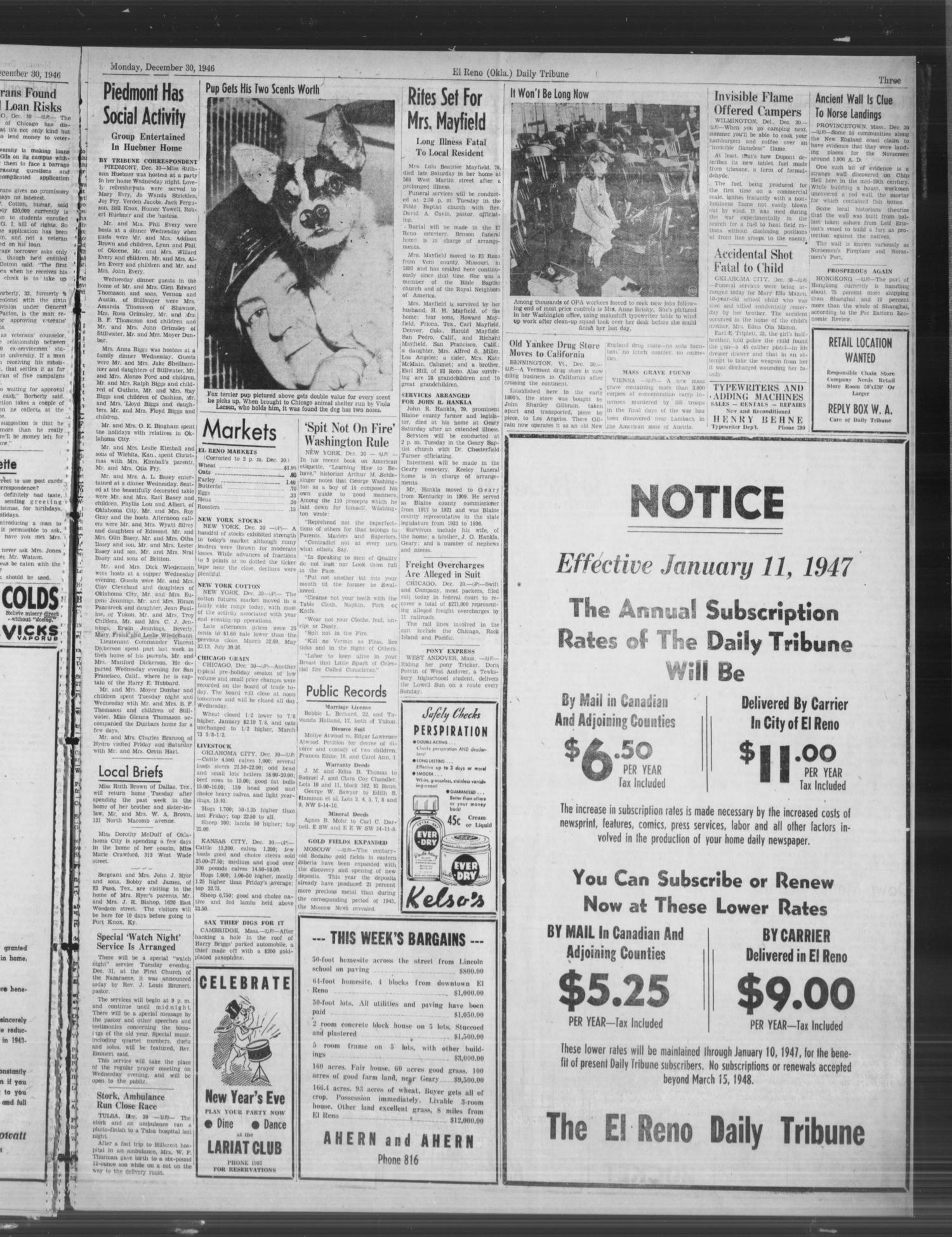 The El Reno Daily Tribune (El Reno, Okla.), Vol. 55, No. 259, Ed. 1 Monday, December 30, 1946
                                                
                                                    [Sequence #]: 3 of 6
                                                