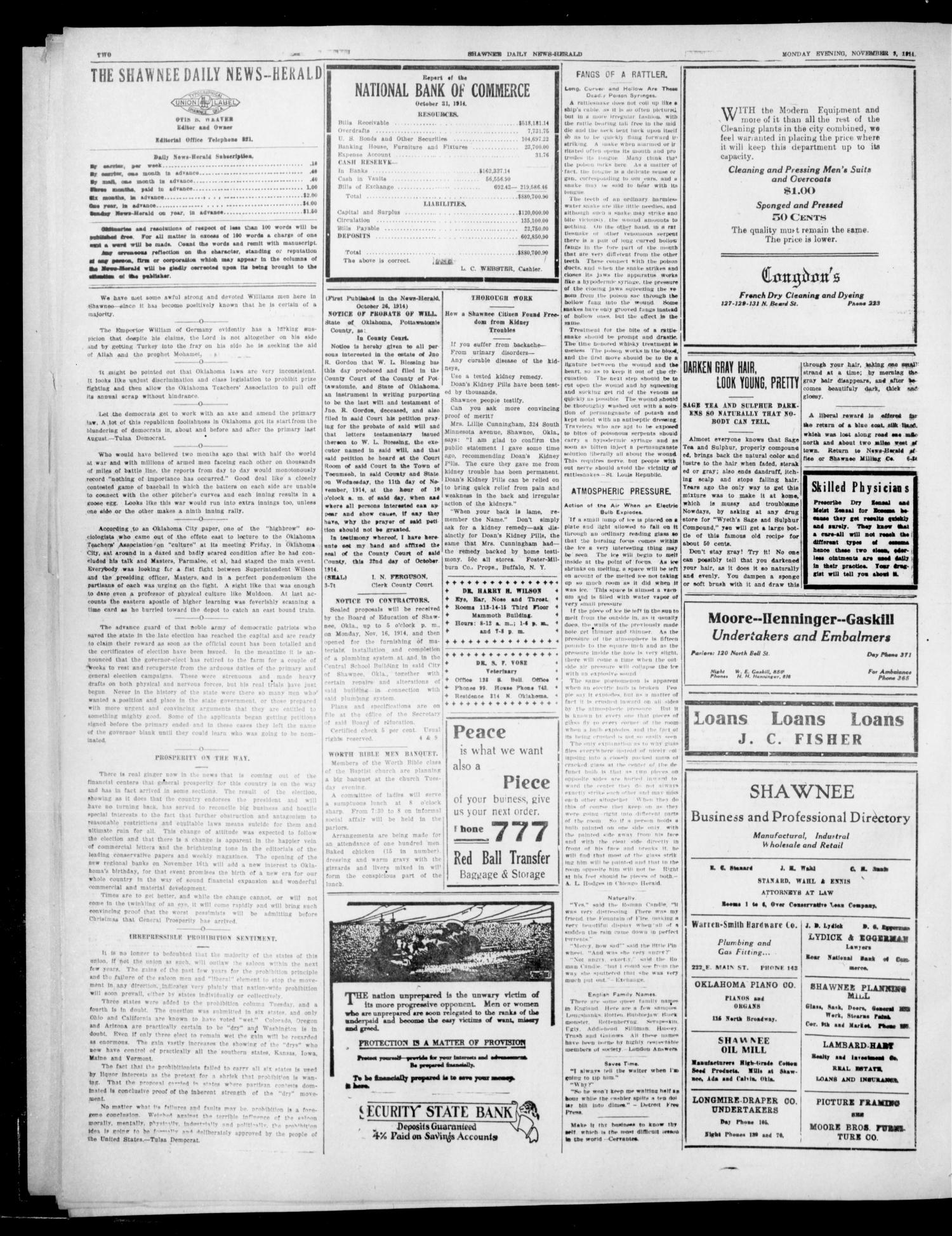 The Shawnee Daily News-Herald (Shawnee, Okla.), Vol. 20, No. 49, Ed. 1 Monday, November 9, 1914
                                                
                                                    [Sequence #]: 2 of 4
                                                