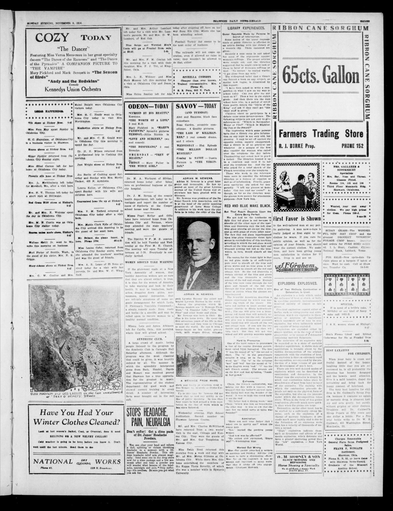 The Shawnee Daily News-Herald (Shawnee, Okla.), Vol. 20, No. 49, Ed. 1 Monday, November 9, 1914
                                                
                                                    [Sequence #]: 3 of 4
                                                