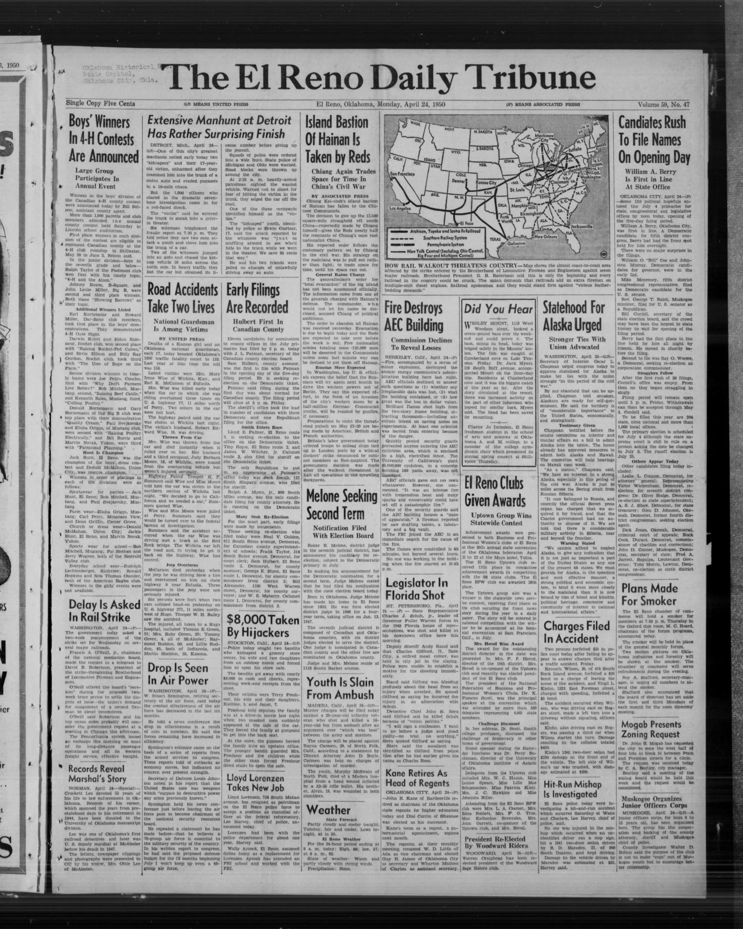 The El Reno Daily Tribune (El Reno, Okla.), Vol. 59, No. 47, Ed. 1 Monday, April 24, 1950
                                                
                                                    [Sequence #]: 1 of 6
                                                