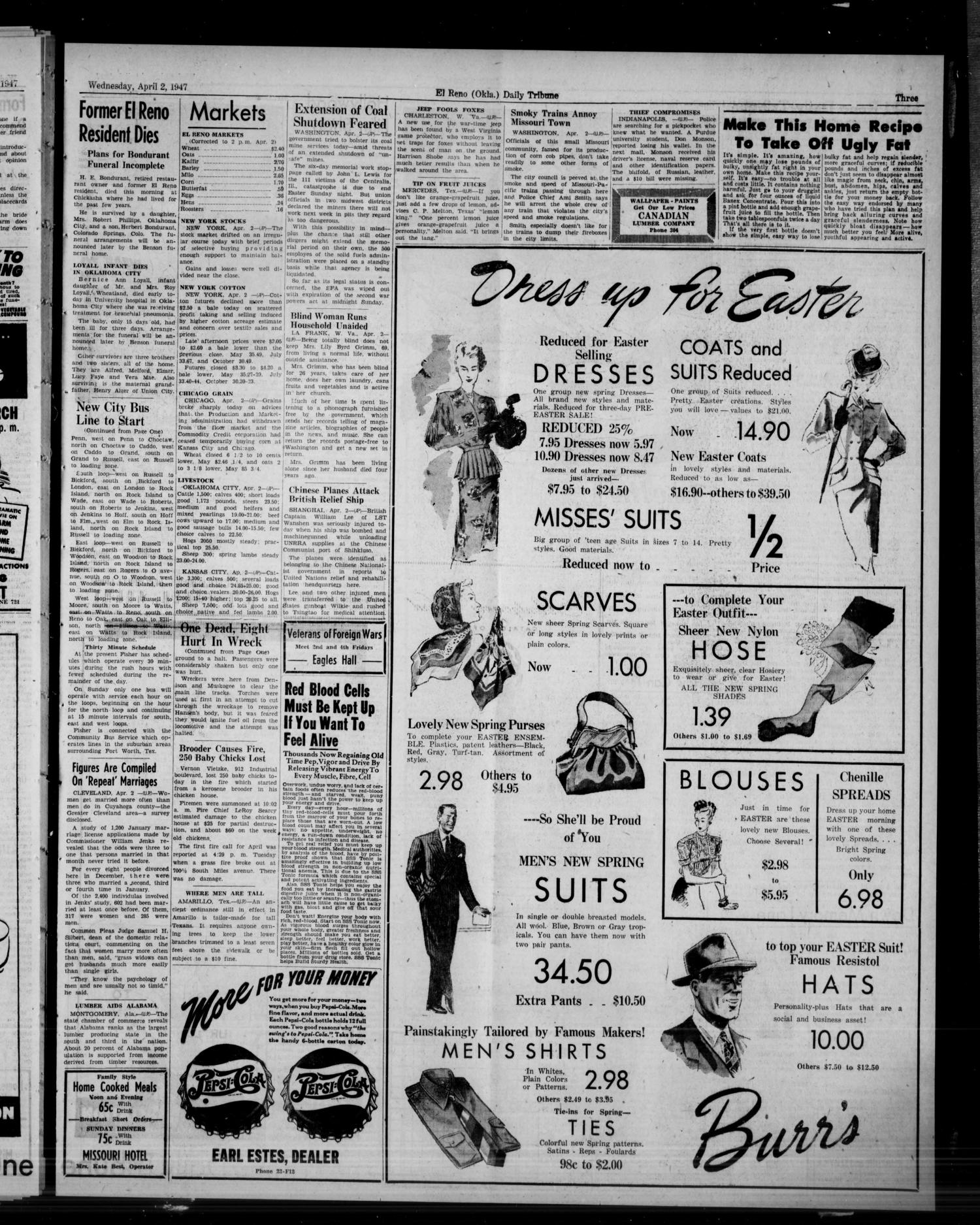 The El Reno Daily Tribune (El Reno, Okla.), Vol. 56, No. 28, Ed. 1 Wednesday, April 2, 1947
                                                
                                                    [Sequence #]: 3 of 10
                                                