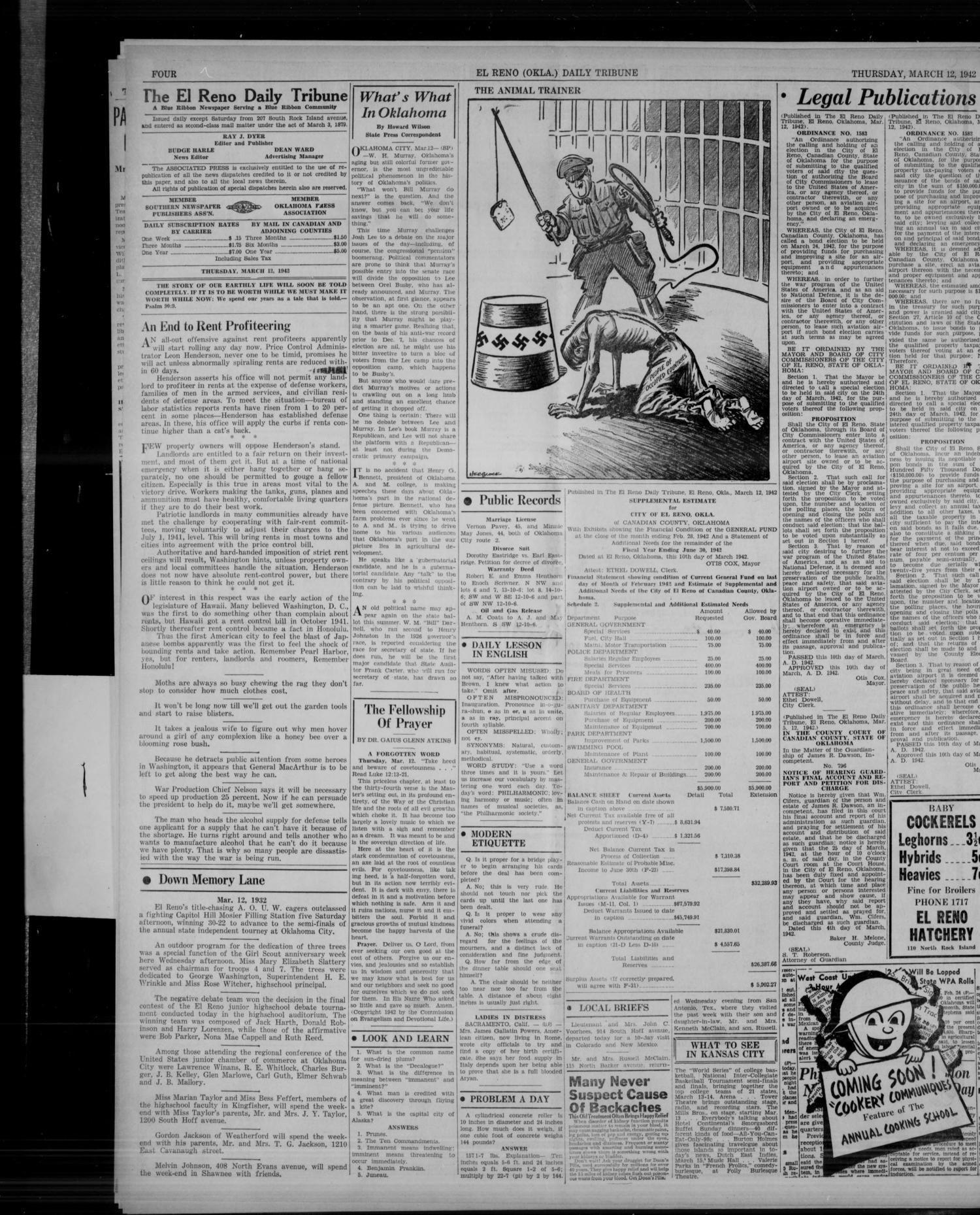 The El Reno Daily Tribune (El Reno, Okla.), Vol. 51, No. 11, Ed. 1 Thursday, March 12, 1942
                                                
                                                    [Sequence #]: 6 of 10
                                                