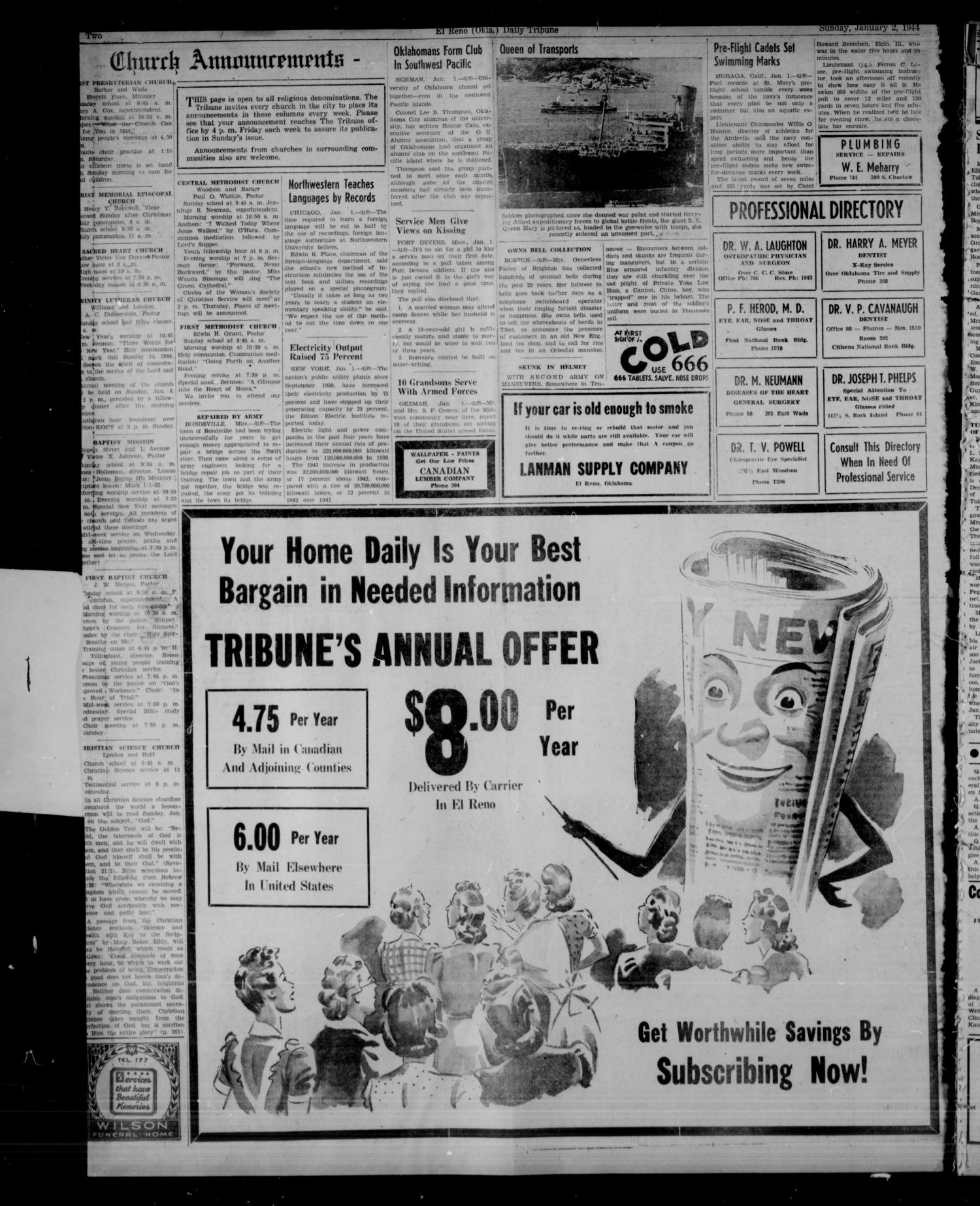The El Reno Daily Tribune (El Reno, Okla.), Vol. 52, No. 261, Ed. 1 Sunday, January 2, 1944
                                                
                                                    [Sequence #]: 2 of 6
                                                