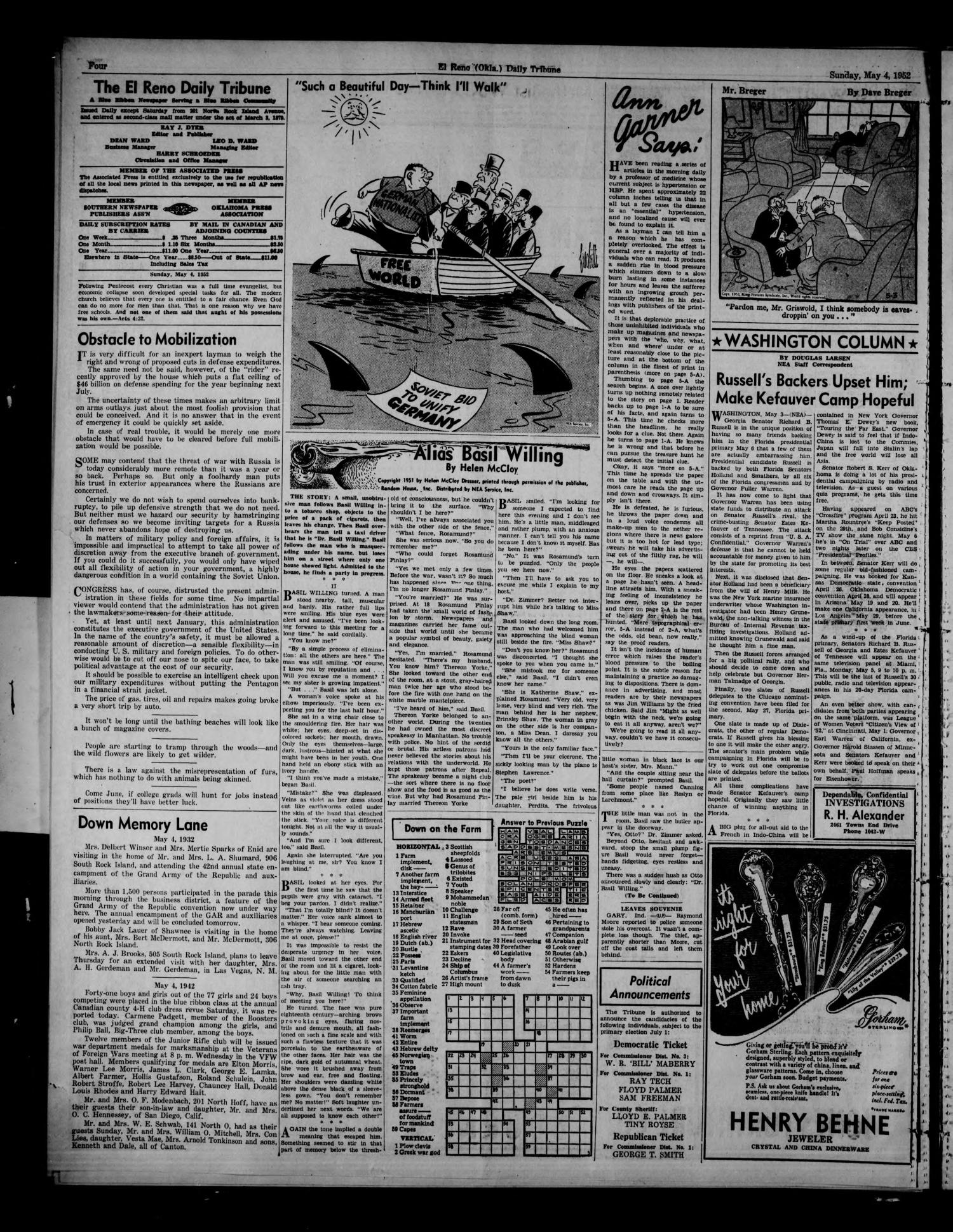 The El Reno Daily Tribune (El Reno, Okla.), Vol. 61, No. 55, Ed. 1 Sunday, May 4, 1952
                                                
                                                    [Sequence #]: 4 of 12
                                                