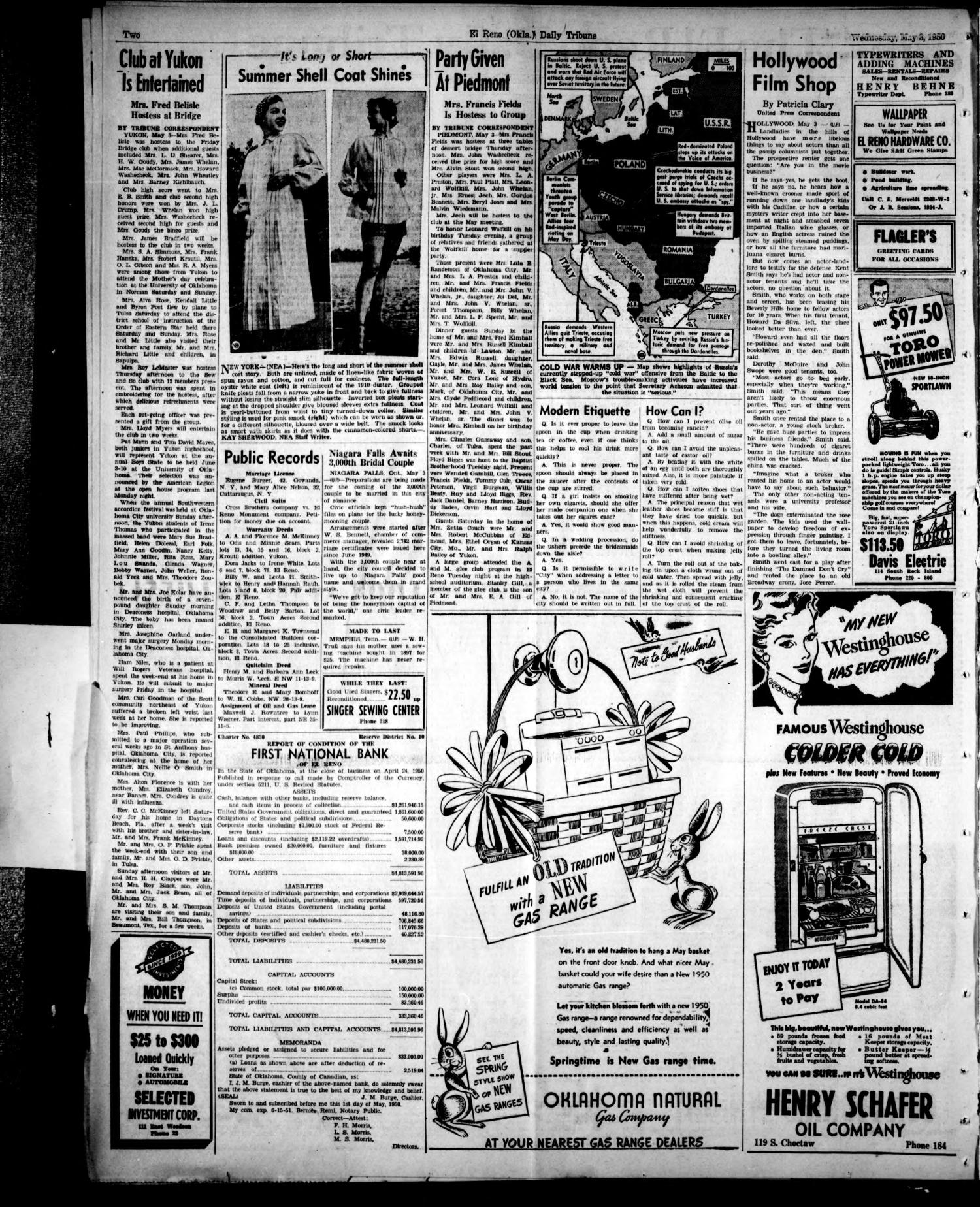 The El Reno Daily Tribune (El Reno, Okla.), Vol. 59, No. 55, Ed. 1 Wednesday, May 3, 1950
                                                
                                                    [Sequence #]: 2 of 8
                                                