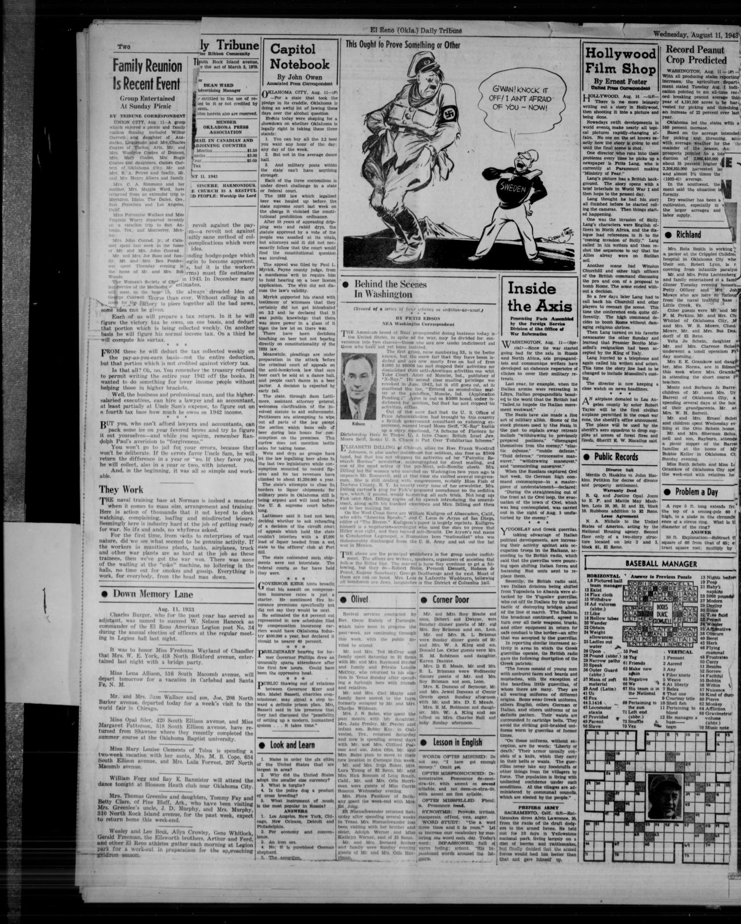 The El Reno Daily Tribune (El Reno, Okla.), Vol. 52, No. 140, Ed. 1 Wednesday, August 11, 1943
                                                
                                                    [Sequence #]: 4 of 8
                                                