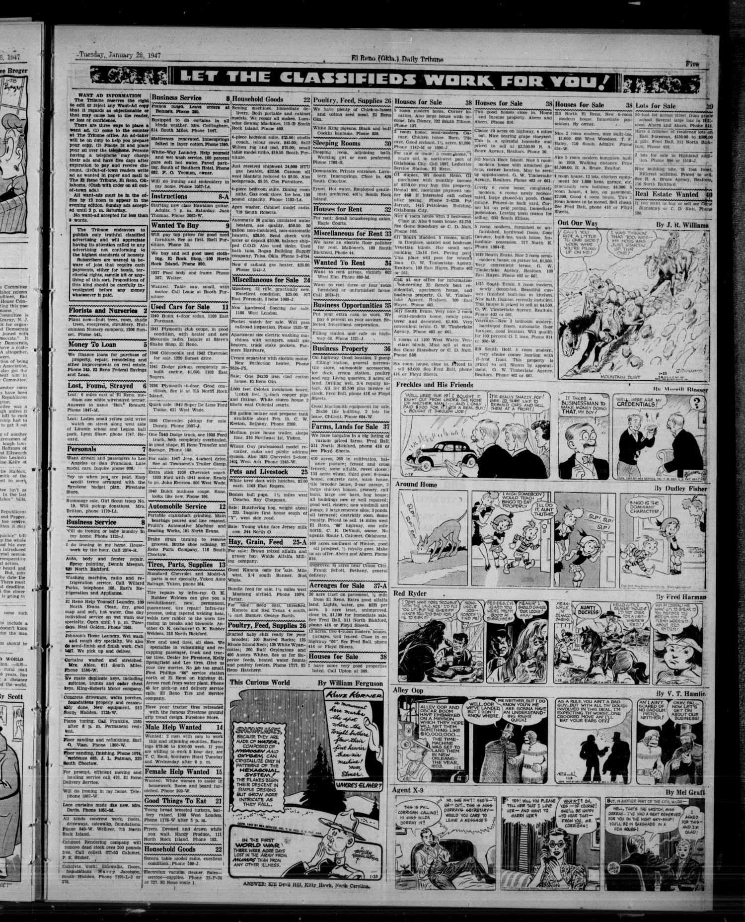 The El Reno Daily Tribune (El Reno, Okla.), Vol. 55, No. 284, Ed. 1 Tuesday, January 28, 1947
                                                
                                                    [Sequence #]: 5 of 6
                                                