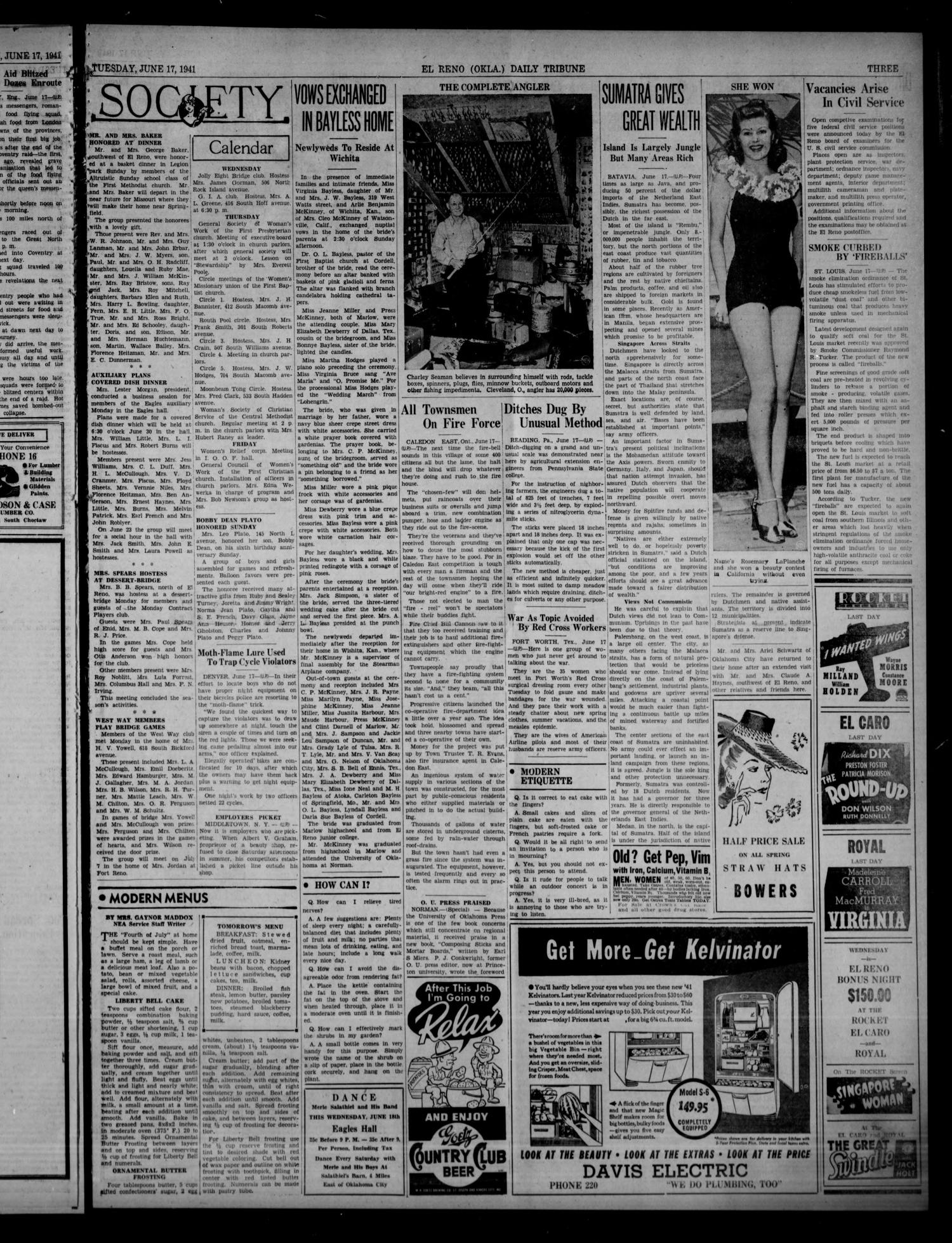 The El Reno Daily Tribune (El Reno, Okla.), Vol. 50, No. 93, Ed. 1 Tuesday, June 17, 1941
                                                
                                                    [Sequence #]: 3 of 6
                                                