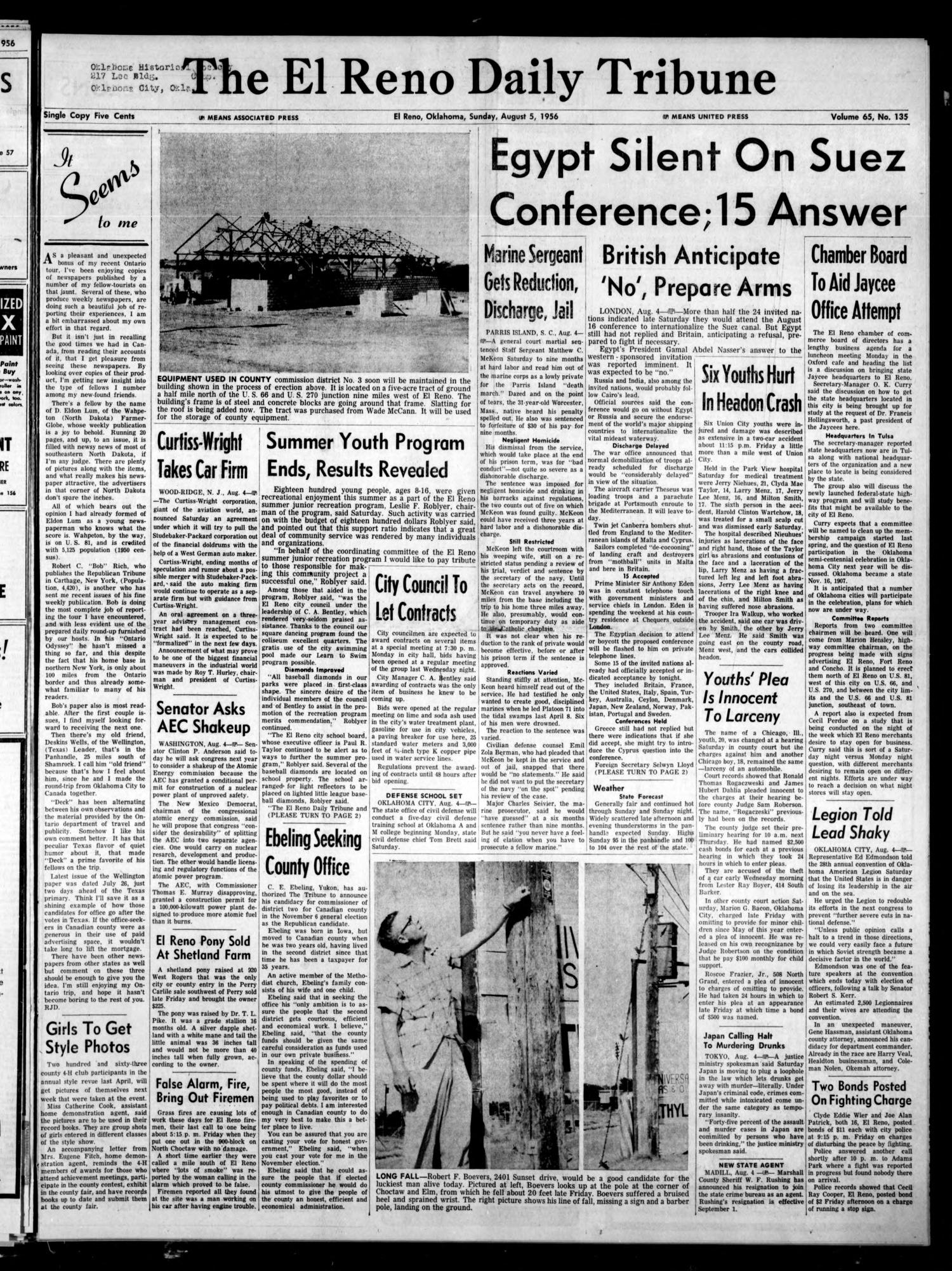 The El Reno Daily Tribune (El Reno, Okla.), Vol. 65, No. 135, Ed. 1 Sunday, August 5, 1956
                                                
                                                    [Sequence #]: 1 of 10
                                                