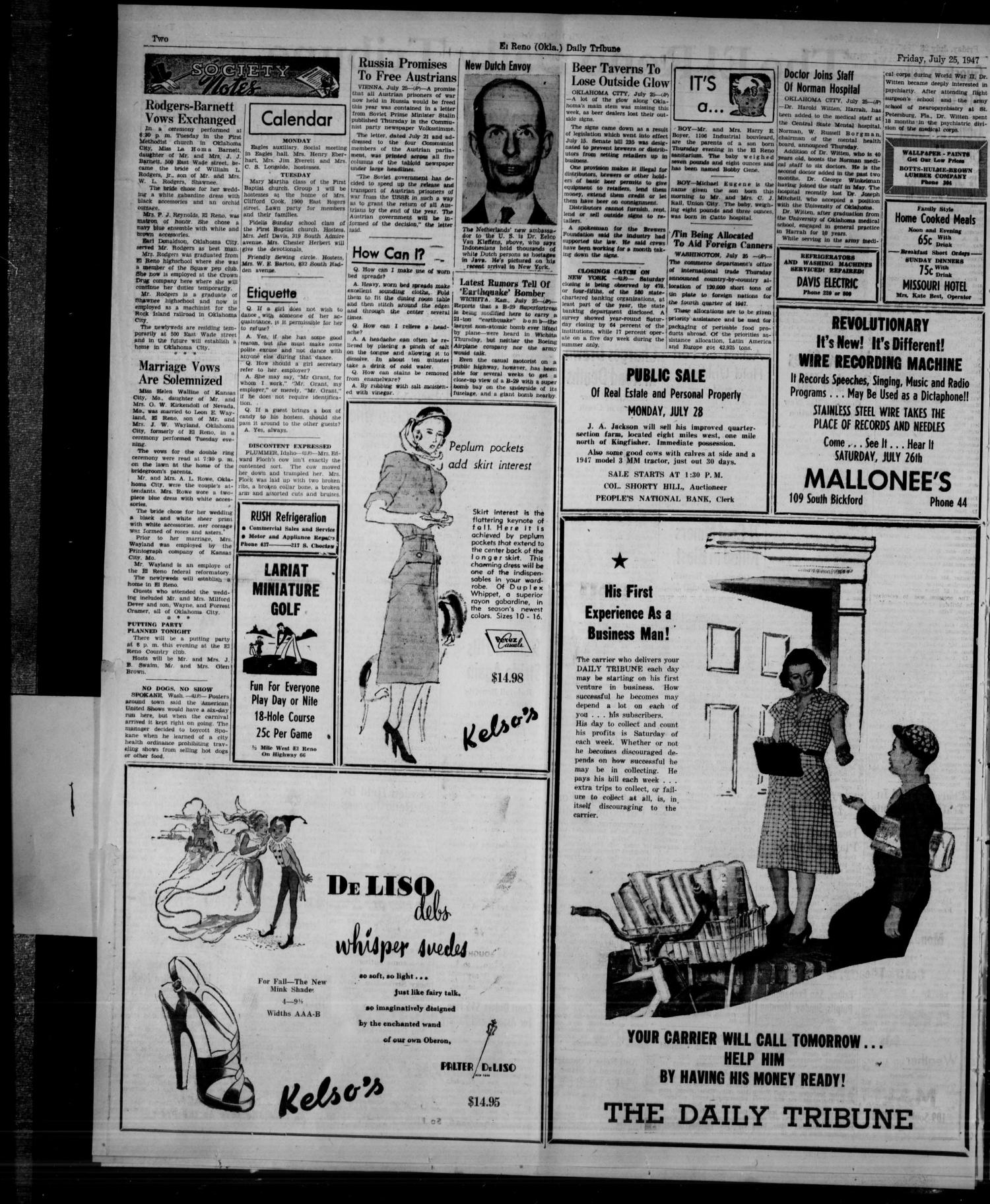 The El Reno Daily Tribune (El Reno, Okla.), Vol. 56, No. 124, Ed. 1 Friday, July 25, 1947
                                                
                                                    [Sequence #]: 2 of 6
                                                