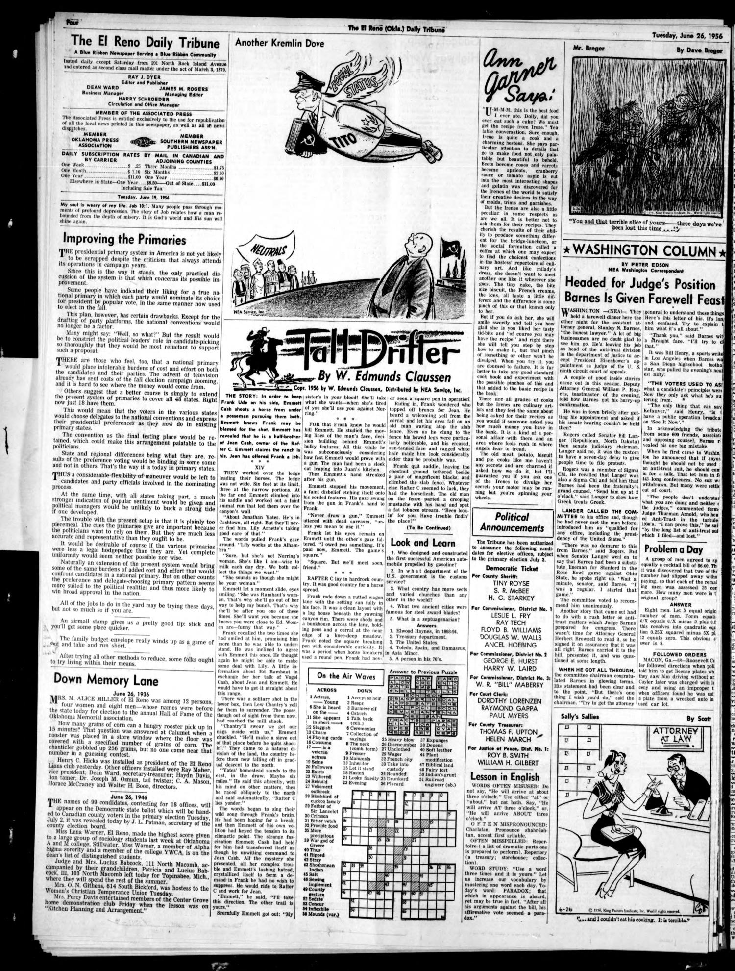 The El Reno Daily Tribune (El Reno, Okla.), Vol. 64, No. 411, Ed. 1 Tuesday, June 26, 1956
                                                
                                                    [Sequence #]: 4 of 6
                                                