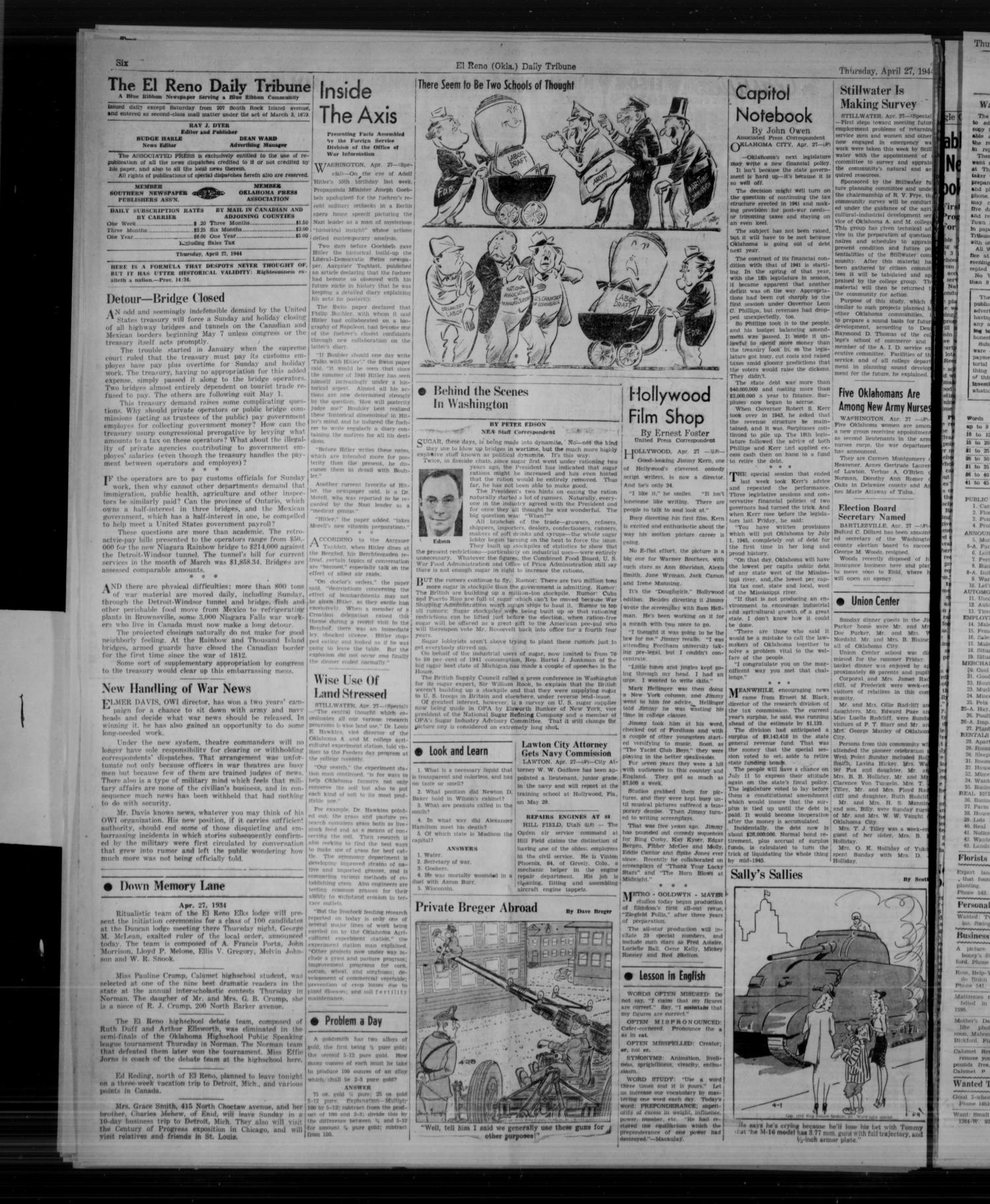 The El Reno Daily Tribune (El Reno, Okla.), Vol. 53, No. 50, Ed. 1 Thursday, April 27, 1944
                                                
                                                    [Sequence #]: 6 of 8
                                                