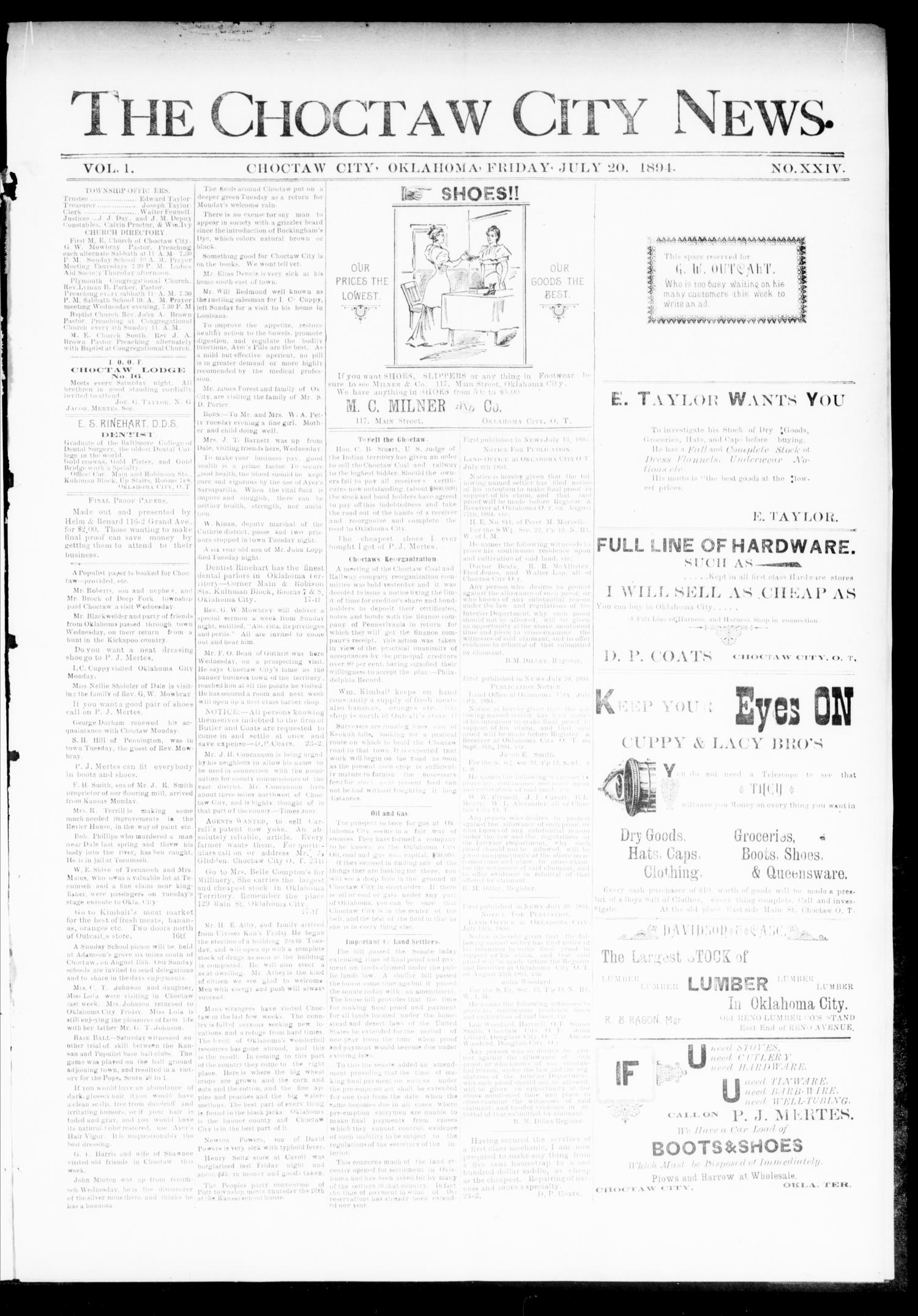 The Choctaw City News. (Choctaw City, Okla.), Vol. 1, No. 24, Ed. 1 Friday, July 20, 1894
                                                
                                                    [Sequence #]: 1 of 4
                                                