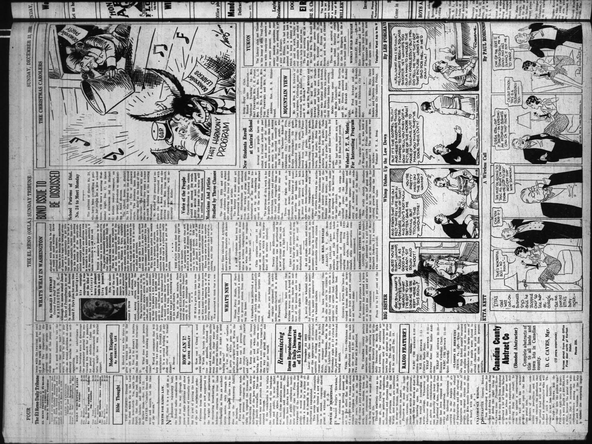 The El Reno Sunday Tribune (El Reno, Okla.), Vol. 39, No. 270, Ed. 1 Sunday, December 14, 1930
                                                
                                                    [Sequence #]: 4 of 8
                                                