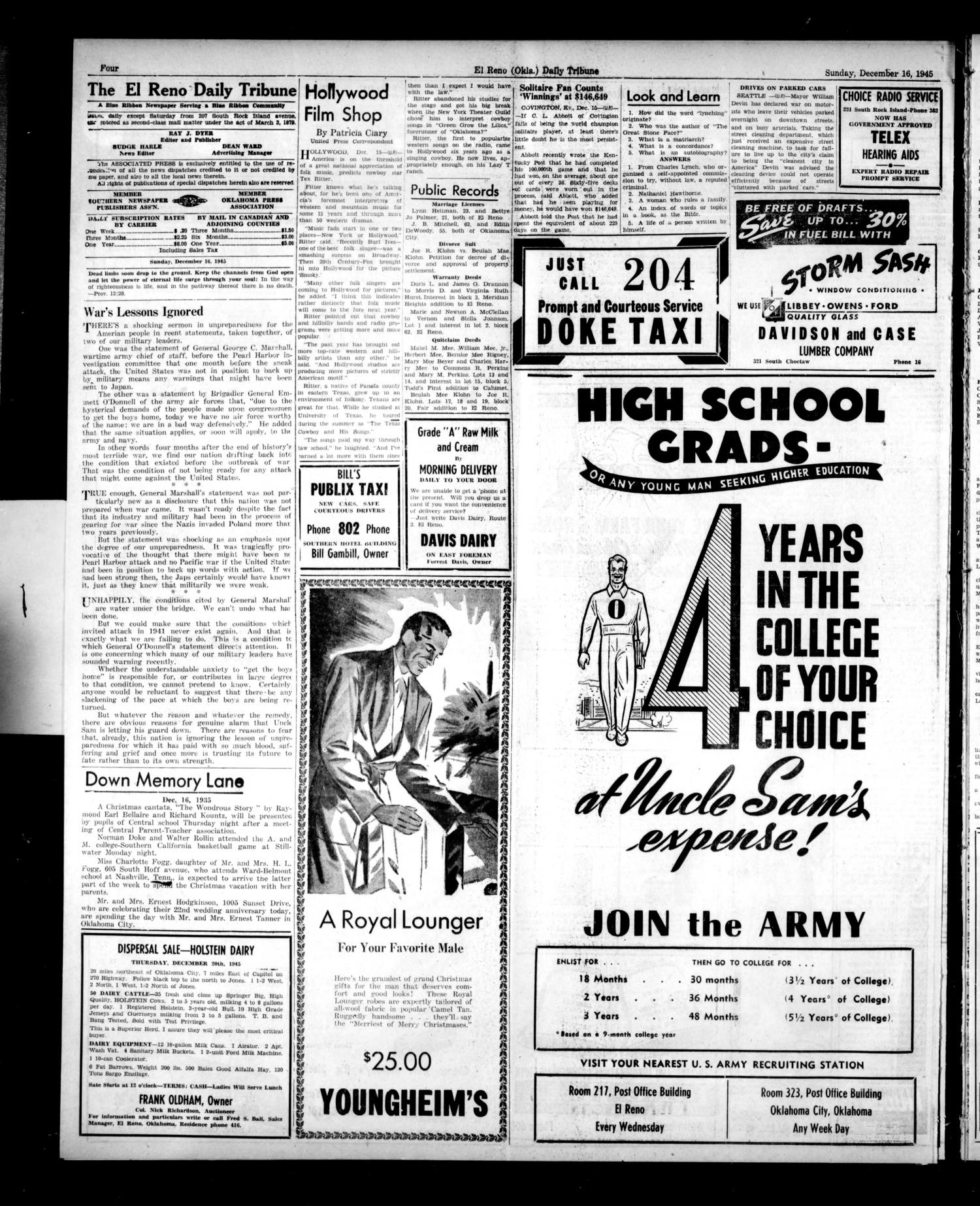 The El Reno Daily Tribune (El Reno, Okla.), Vol. 54, No. 244, Ed. 1 Sunday, December 16, 1945
                                                
                                                    [Sequence #]: 4 of 8
                                                