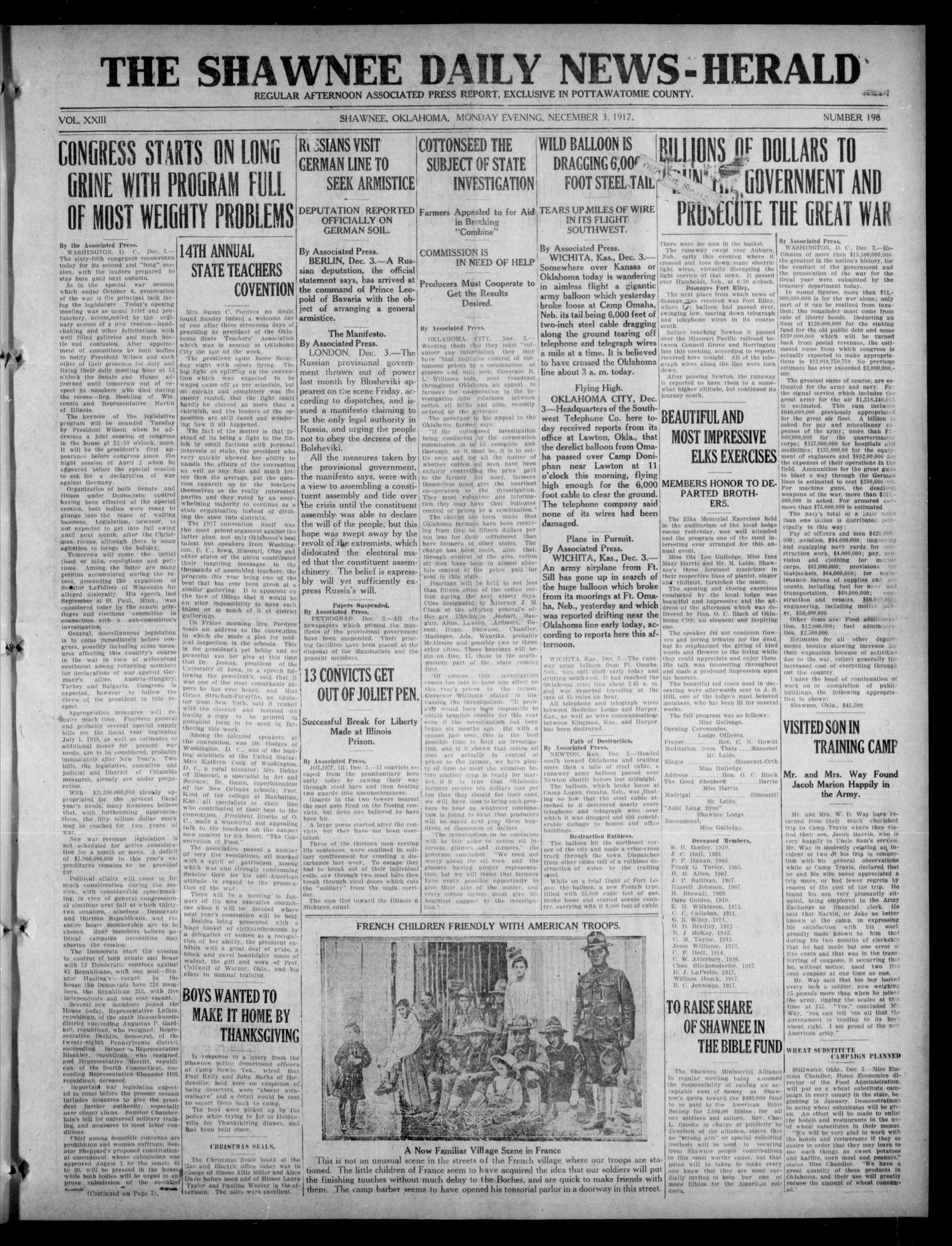 The Shawnee Daily News-Herald (Shawnee, Okla.), Vol. 23, No. 198, Ed. 1 Monday, December 3, 1917
                                                
                                                    [Sequence #]: 1 of 4
                                                