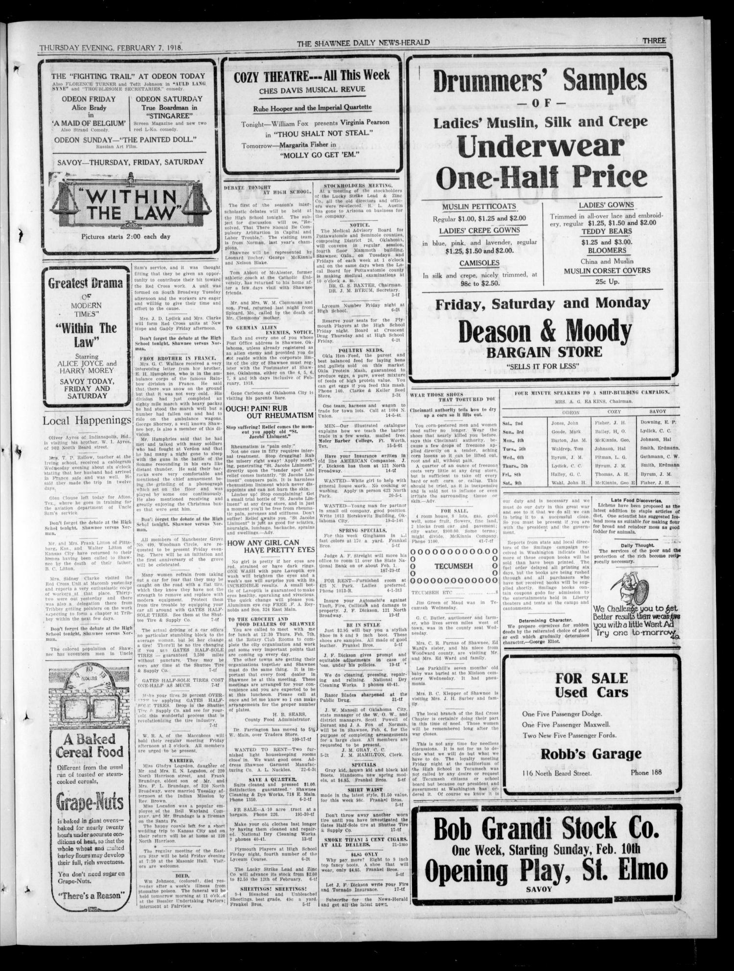 The Shawnee Daily News-Herald (Shawnee, Okla.), Vol. 23, No. 252, Ed. 1 Thursday, February 7, 1918
                                                
                                                    [Sequence #]: 3 of 4
                                                