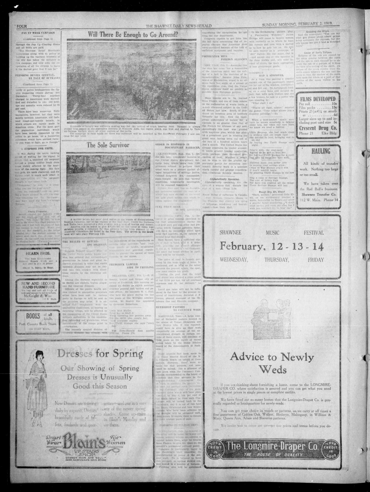 The Shawnee Daily News-Herald (Shawnee, Okla.), Vol. 24, No. 244, Ed. 1 Sunday, February 2, 1919
                                                
                                                    [Sequence #]: 4 of 16
                                                