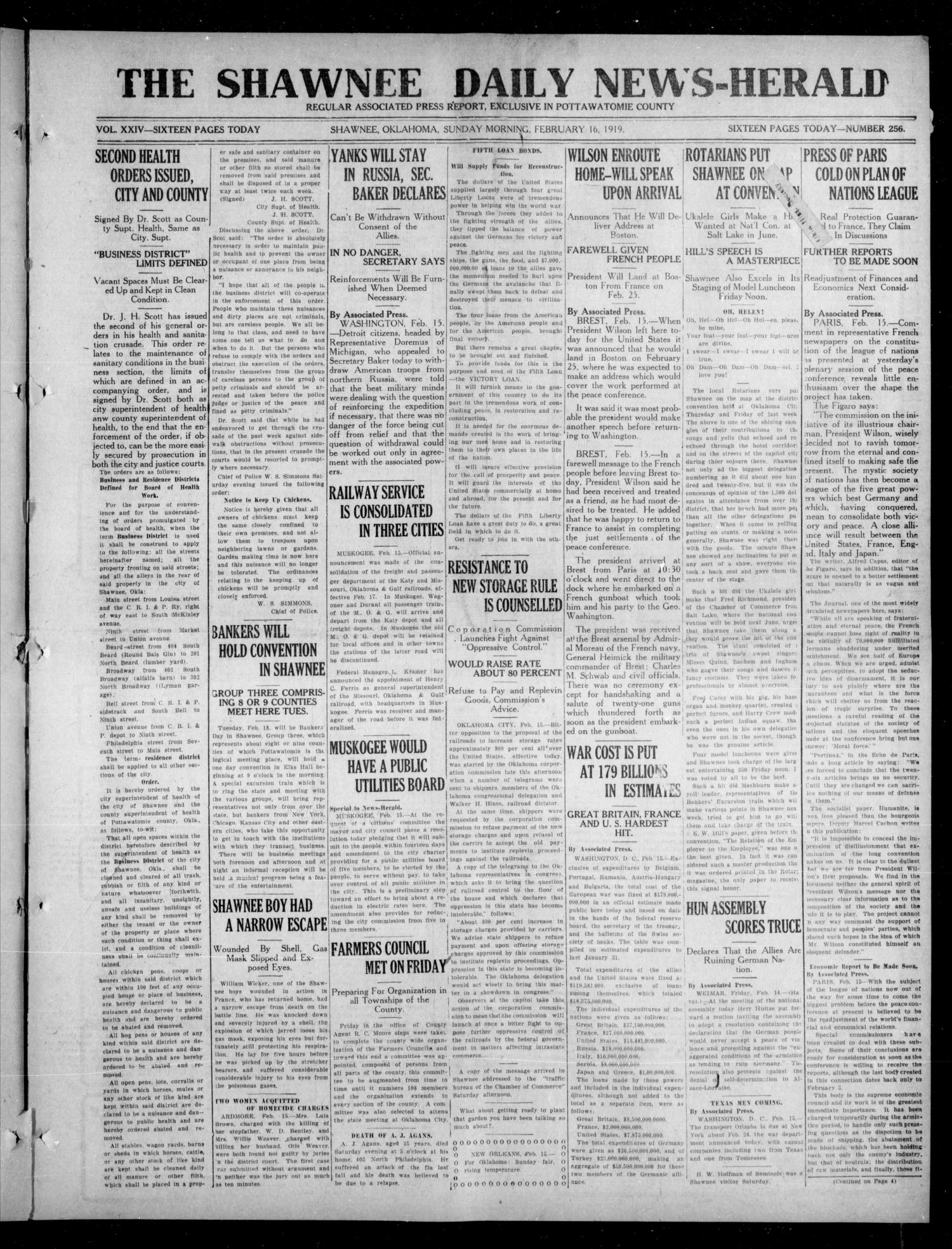 The Shawnee Daily News-Herald (Shawnee, Okla.), Vol. 24, No. 256, Ed. 1 Sunday, February 16, 1919
                                                
                                                    [Sequence #]: 1 of 16
                                                