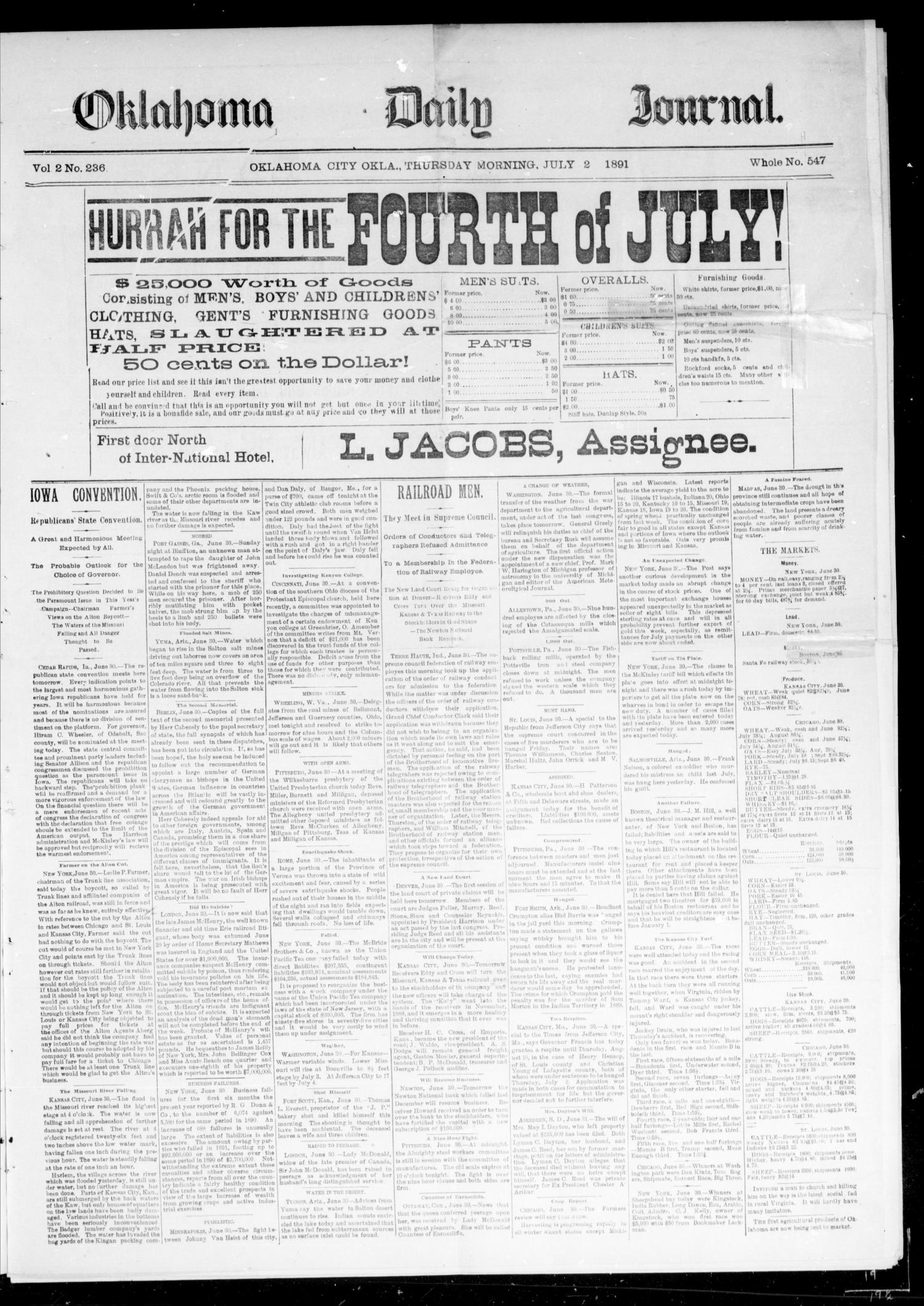 Oklahoma Daily Journal (Oklahoma City, Okla.), Vol. 2, No. 236, Ed. 1 Thursday, July 2, 1891
                                                
                                                    [Sequence #]: 1 of 4
                                                