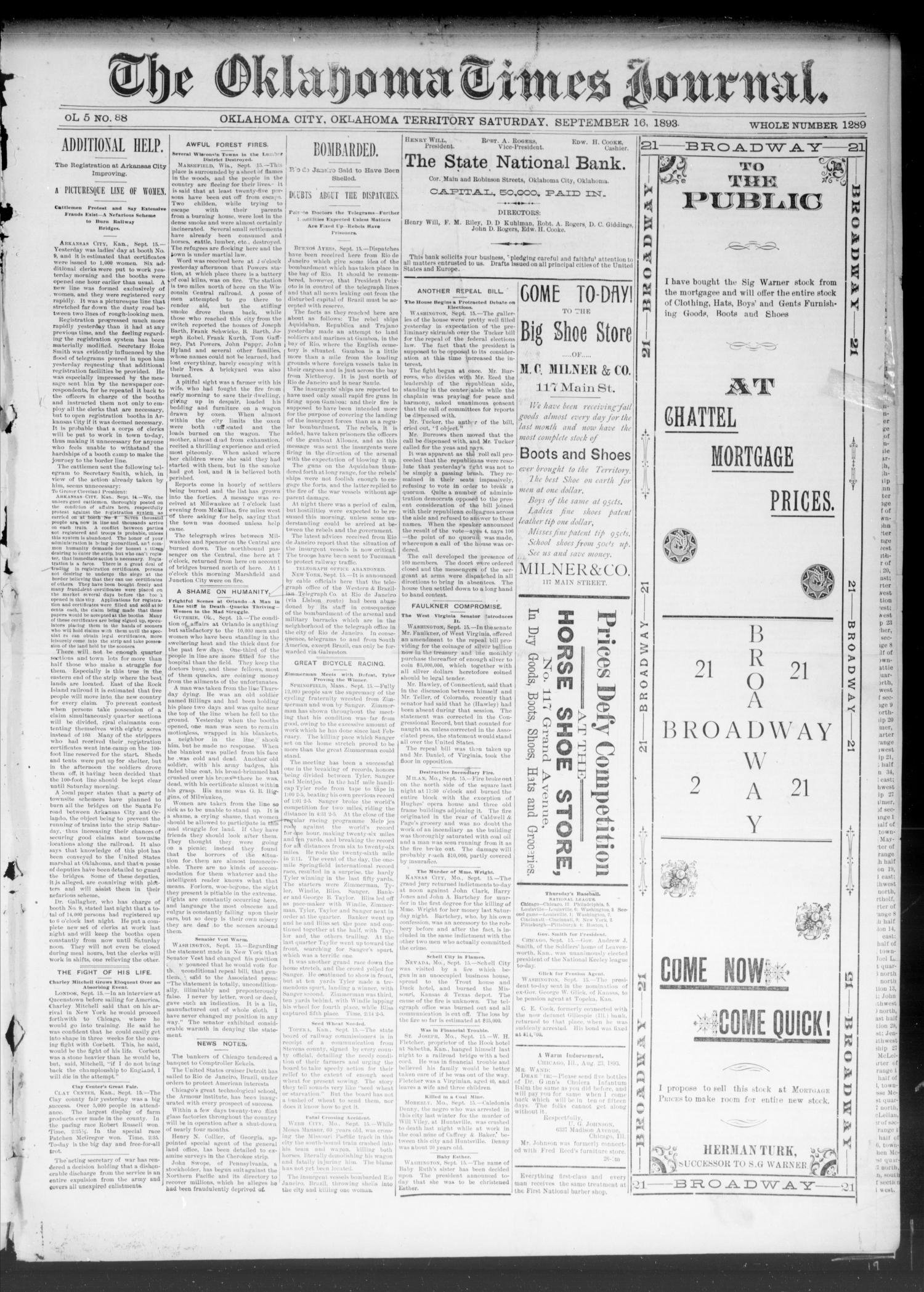 The Oklahoma Times Journal. (Oklahoma City, Okla. Terr.), Vol. 5, No. 88, Ed. 1 Saturday, September 16, 1893
                                                
                                                    [Sequence #]: 1 of 4
                                                