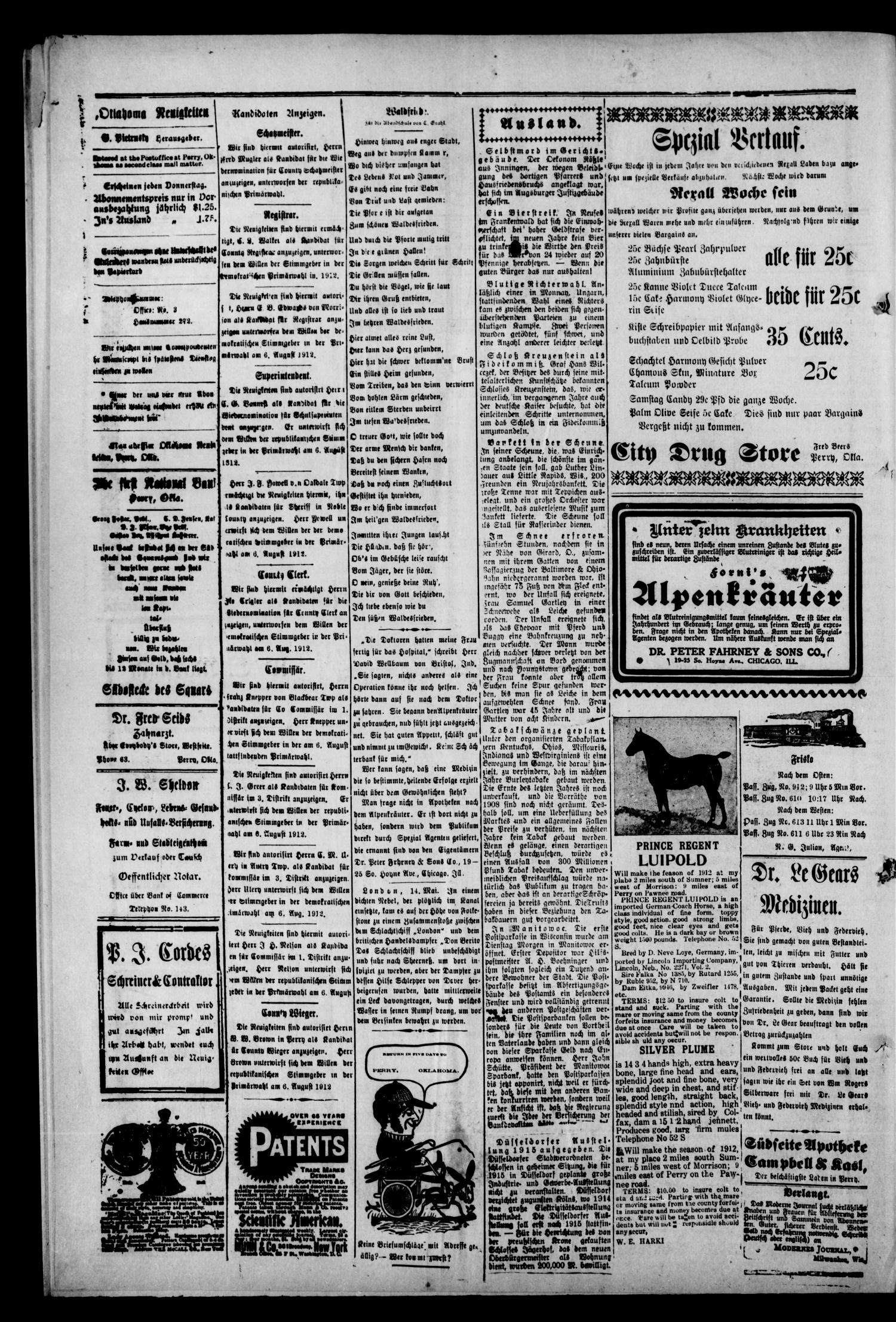 Oklahoma Neuigkeiten. (Perry, Okla.), Vol. 11, No. 3, Ed. 1 Thursday, May 16, 1912
                                                
                                                    [Sequence #]: 2 of 4
                                                