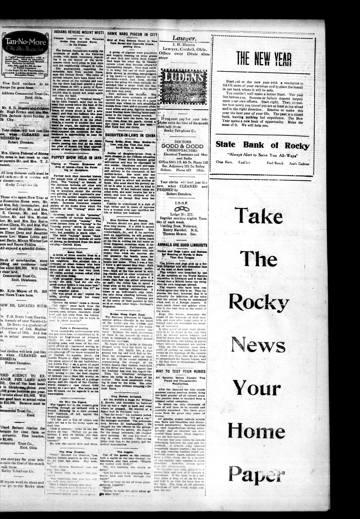 The Rocky News (Rocky, Okla.), Vol. 19, No. 27, Ed. 1 Thursday, January 3, 1924
                                                
                                                    [Sequence #]: 3 of 4
                                                