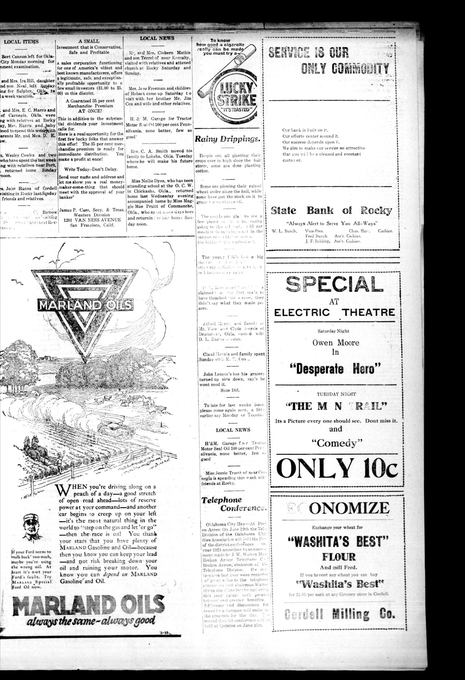 The Rocky News (Rocky, Okla.), Vol. 18, No. 49, Ed. 1 Thursday, June 7, 1923
                                                
                                                    [Sequence #]: 3 of 4
                                                
