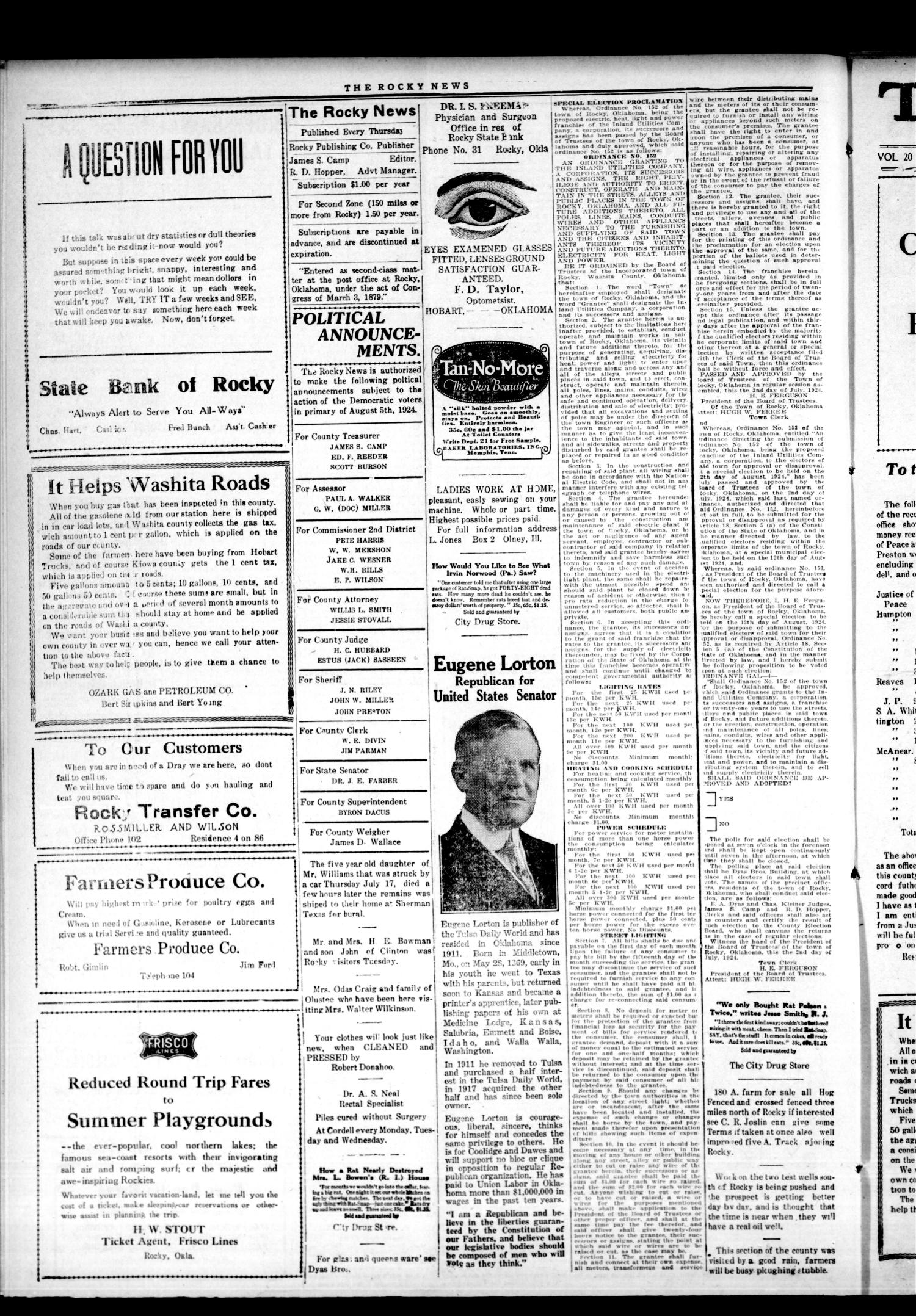 The Rocky News (Rocky, Okla.), Vol. 20, No. 4, Ed. 1 Thursday, July 24, 1924
                                                
                                                    [Sequence #]: 4 of 4
                                                