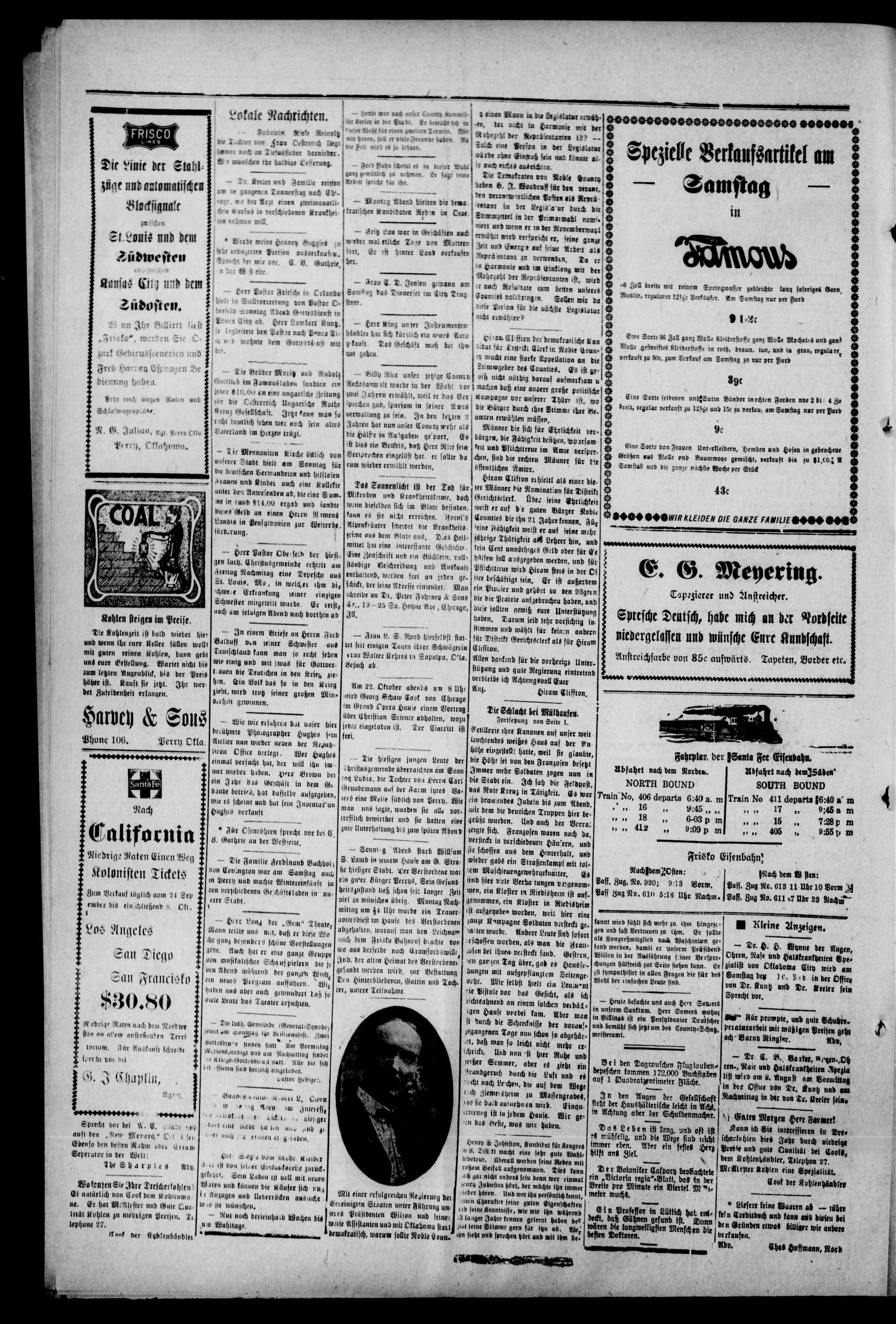 Oklahoma Neuigkeiten. (Perry, Okla.), Vol. 13, No. 26, Ed. 1 Thursday, October 15, 1914
                                                
                                                    [Sequence #]: 4 of 4
                                                