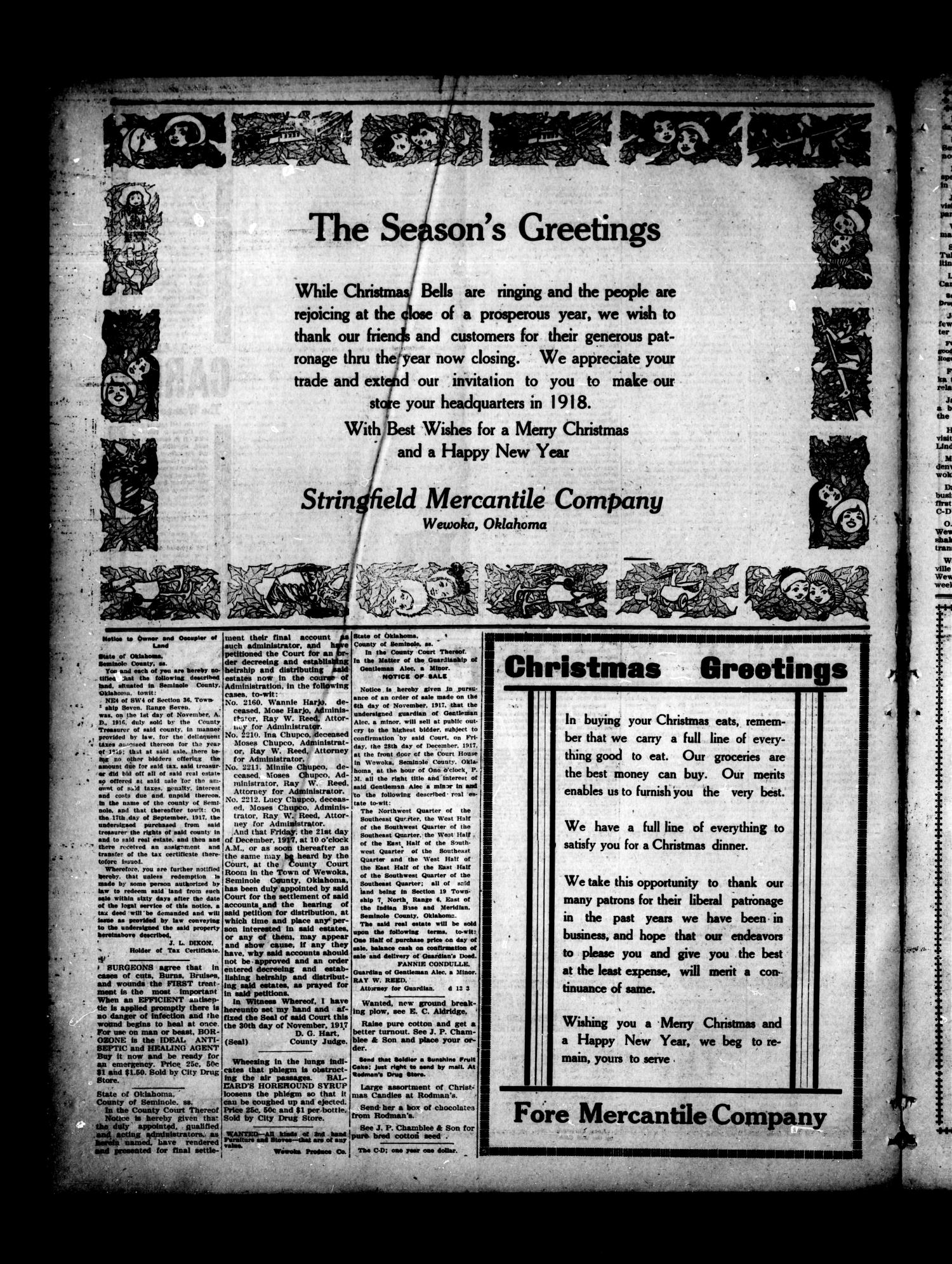 The Wewoka Capital-Democrat (Wewoka, Okla.), Vol. 17, No. 50, Ed. 1 Thursday, December 20, 1917
                                                
                                                    [Sequence #]: 4 of 12
                                                