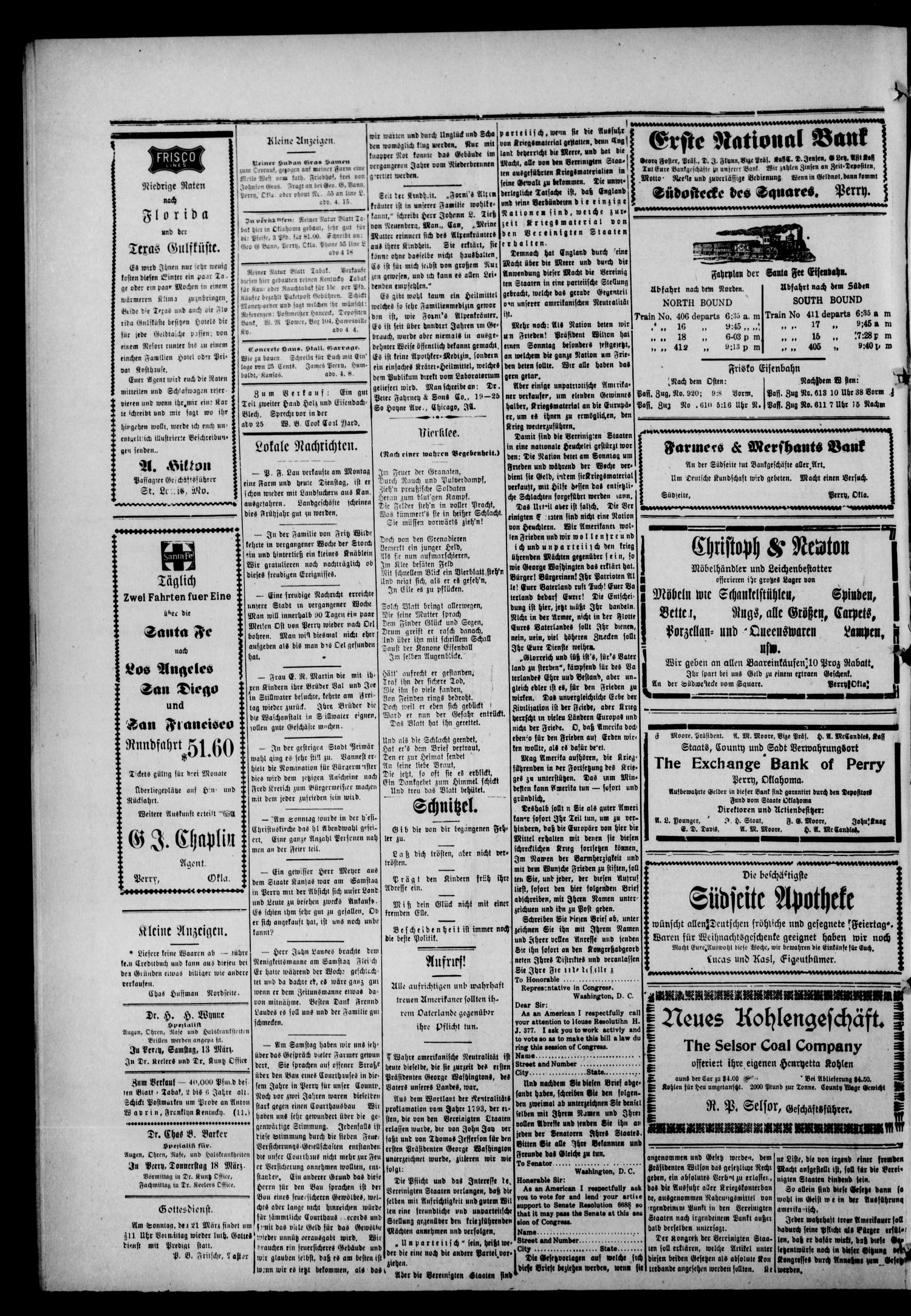 Oklahoma Neuigkeiten. (Perry, Okla.), Vol. 13, No. 47, Ed. 1 Thursday, March 18, 1915
                                                
                                                    [Sequence #]: 4 of 4
                                                