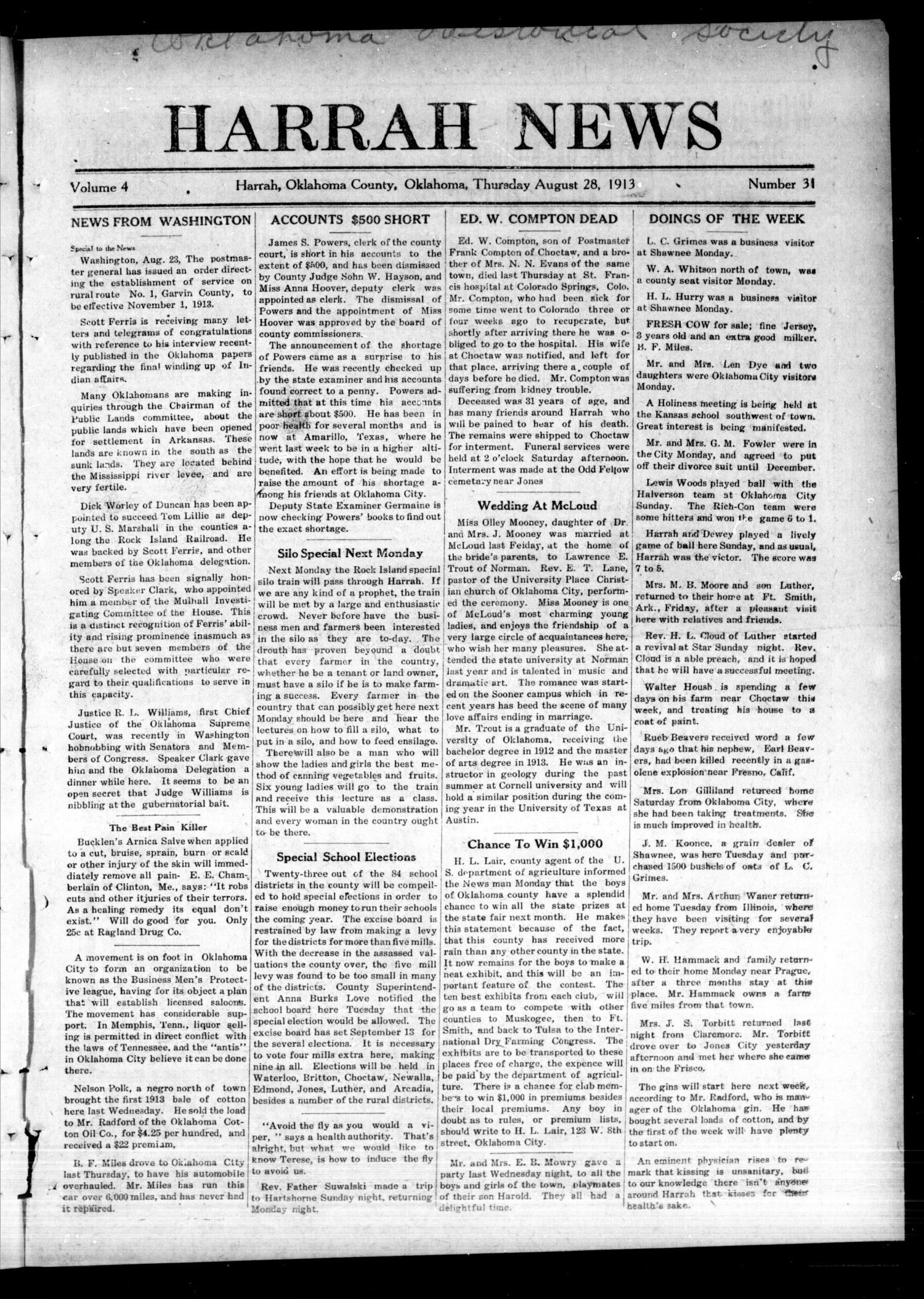 Harrah News (Harrah, Okla.), Vol. 4, No. 31, Ed. 1 Thursday, August 28, 1913
                                                
                                                    [Sequence #]: 1 of 8
                                                