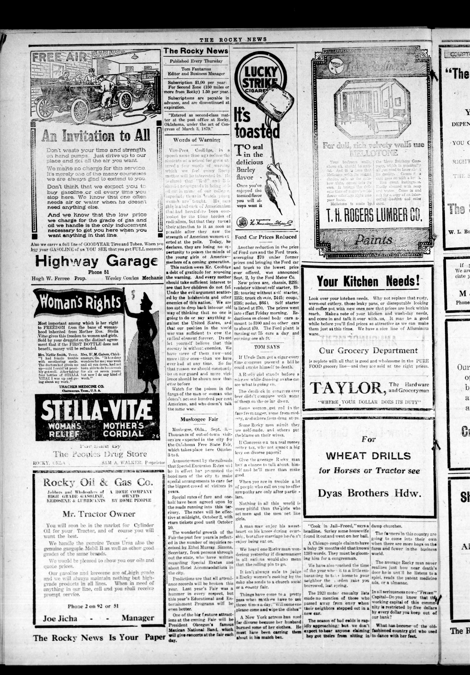 The Rocky News (Rocky, Okla.), Vol. 17, No. 9, Ed. 1 Thursday, September 8, 1921
                                                
                                                    [Sequence #]: 4 of 8
                                                