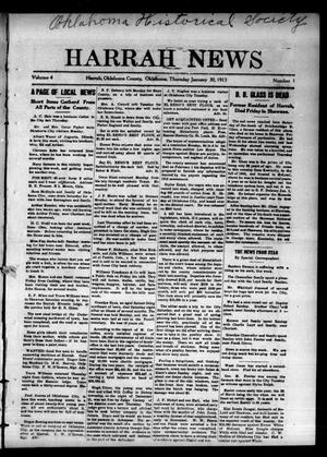 Primary view of object titled 'Harrah News (Harrah, Okla.), Vol. 4, No. 1, Ed. 1 Thursday, January 30, 1913'.