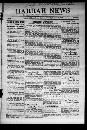 Primary view of object titled 'Harrah News (Harrah, Okla.), Vol. 5, No. 3, Ed. 1 Thursday, February 12, 1914'.