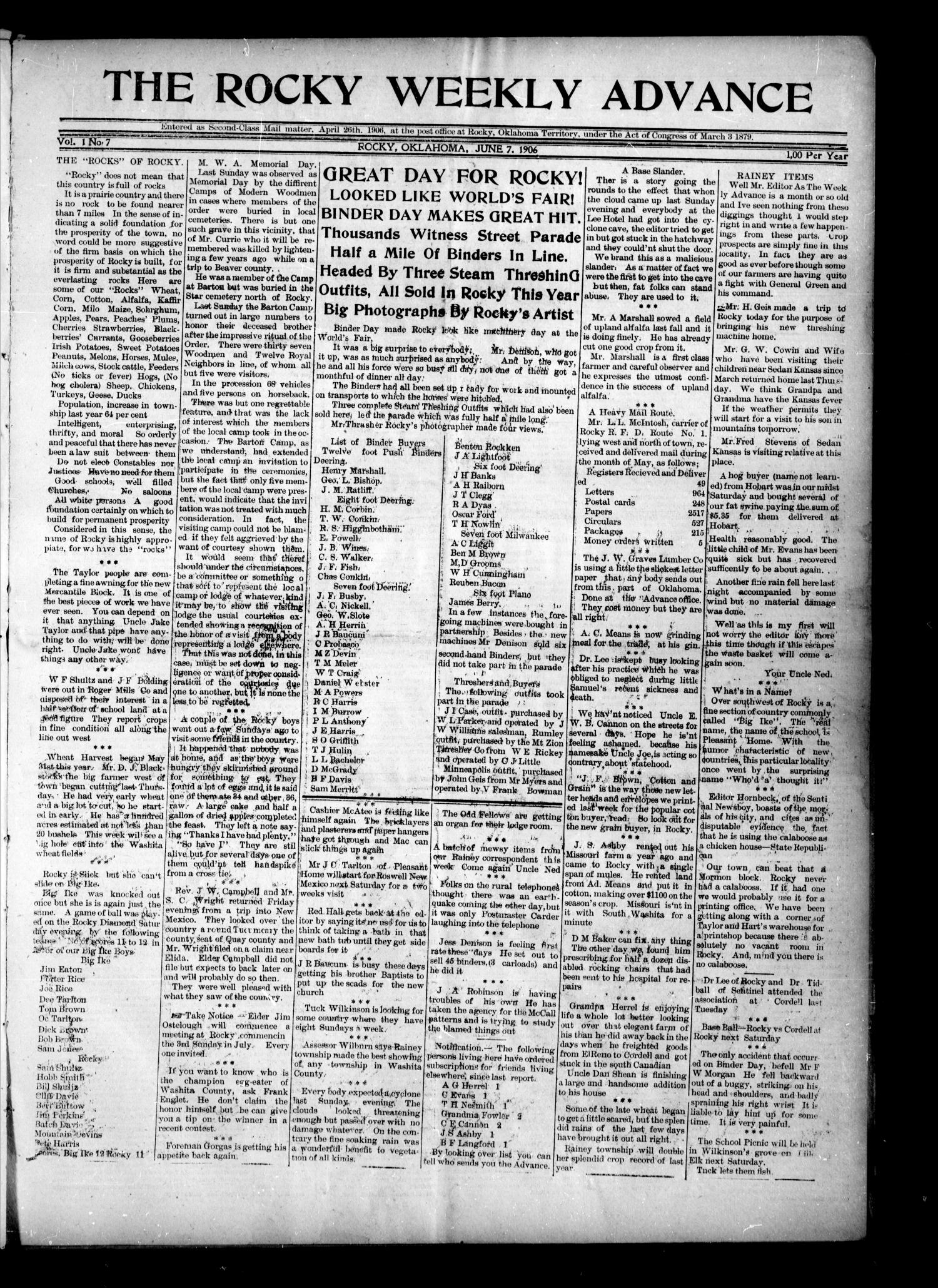The Rocky Weekly Advance (Rocky, Okla.), Vol. 1, No. 7, Ed. 1 Thursday, June 7, 1906
                                                
                                                    [Sequence #]: 1 of 8
                                                