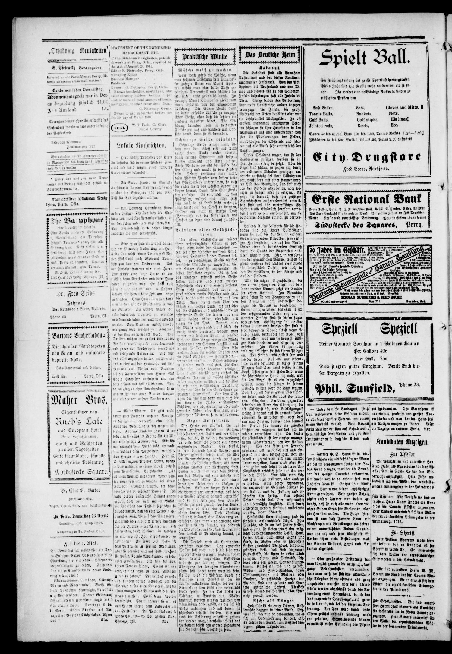 Oklahoma Neuigkeiten. (Perry, Okla.), Vol. 14, No. 49, Ed. 1 Thursday, April 6, 1916
                                                
                                                    [Sequence #]: 4 of 4
                                                