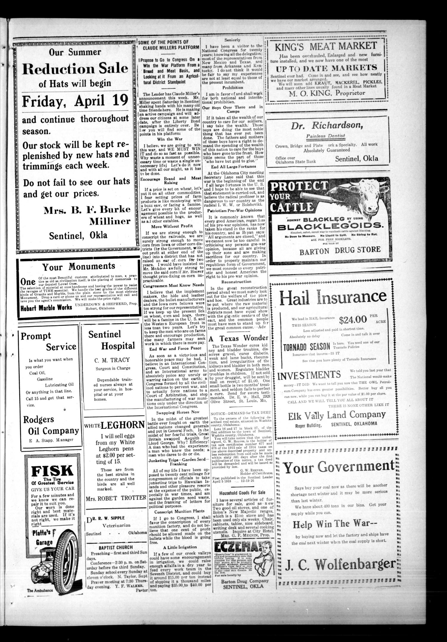 The Sentinel Leader. (Sentinel, Okla.), Vol. 14, No. 48, Ed. 1 Friday, April 26, 1918
                                                
                                                    [Sequence #]: 3 of 8
                                                