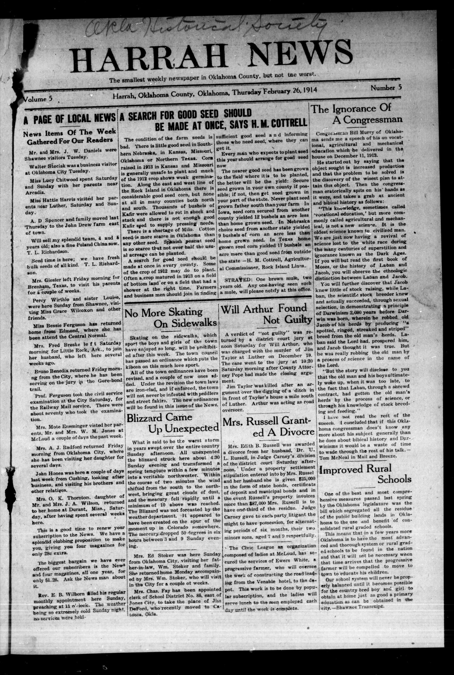 Harrah News (Harrah, Okla.), Vol. 5, No. 5, Ed. 1 Thursday, February 26, 1914
                                                
                                                    [Sequence #]: 1 of 16
                                                