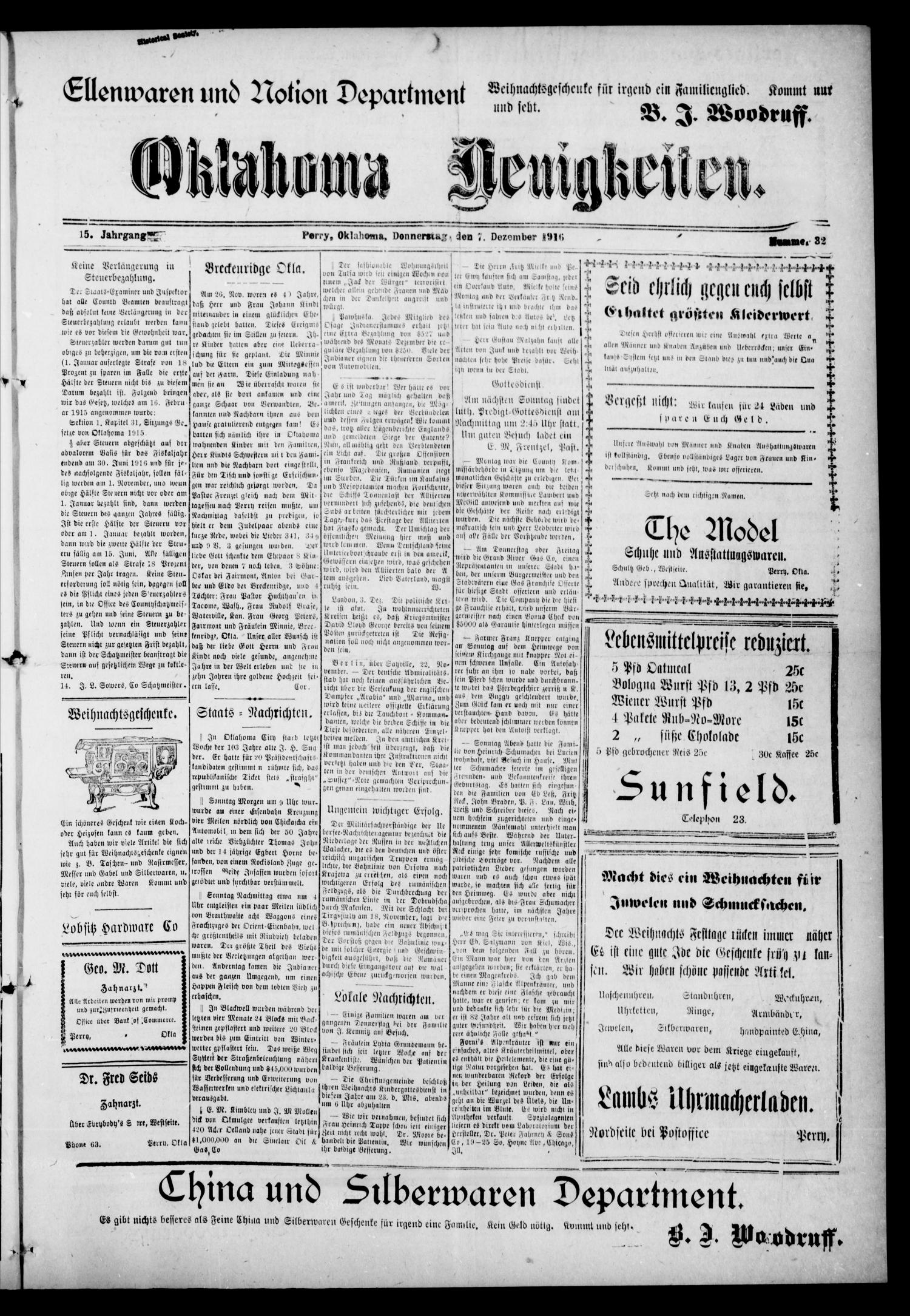 Oklahoma Neuigkeiten. (Perry, Okla.), Vol. 15, No. 32, Ed. 1 Thursday, December 7, 1916
                                                
                                                    [Sequence #]: 1 of 4
                                                