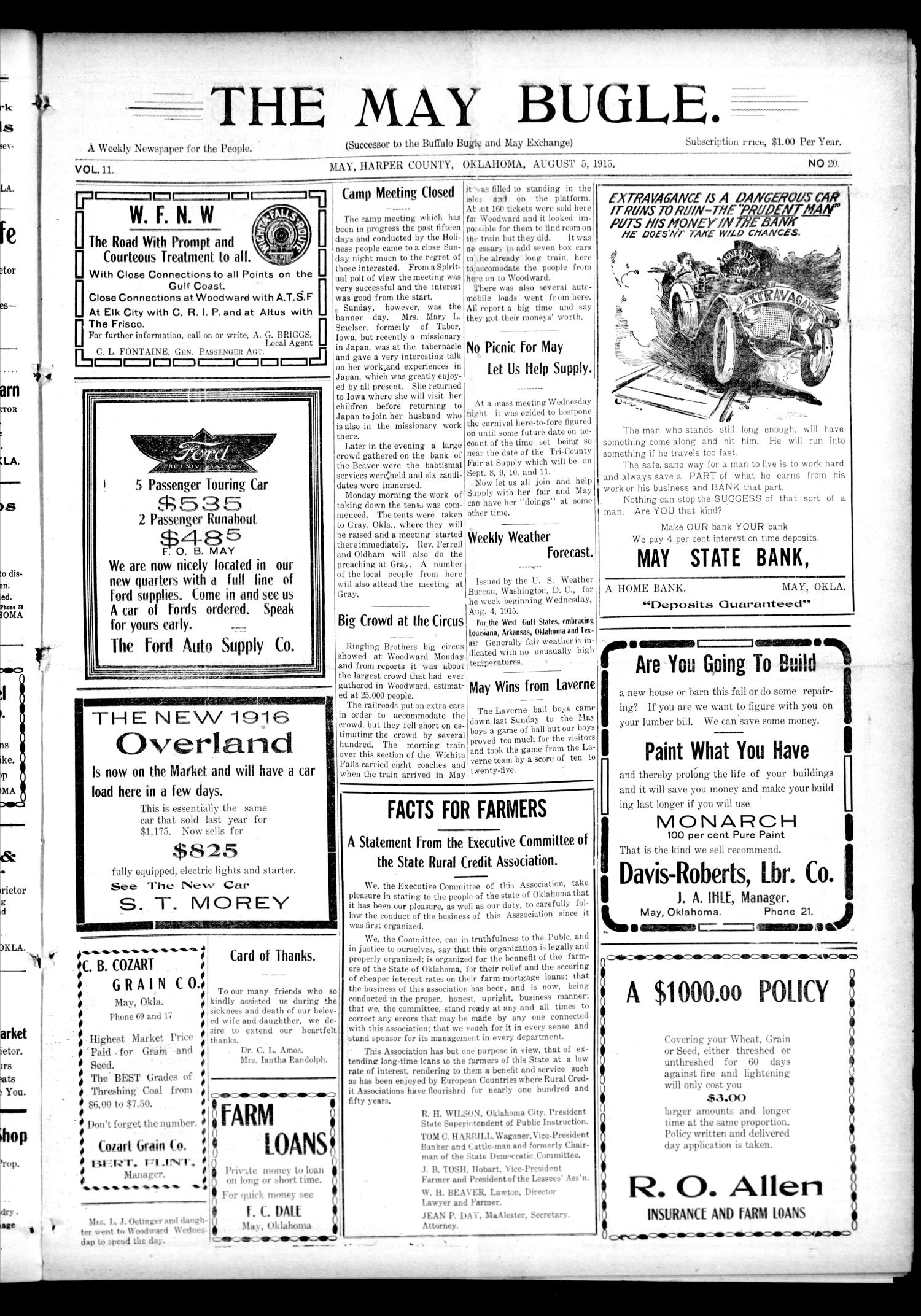 The May Bugle. (May, Okla.), Vol. 11, No. 20, Ed. 1 Thursday, August 5, 1915
                                                
                                                    [Sequence #]: 1 of 4
                                                