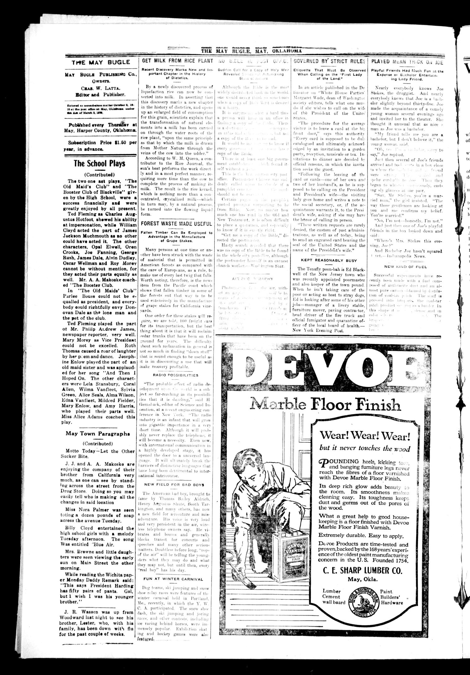 The May Bugle. (May, Okla.), Vol. 18, No. 26, Ed. 1 Thursday, March 23, 1922
                                                
                                                    [Sequence #]: 4 of 8
                                                