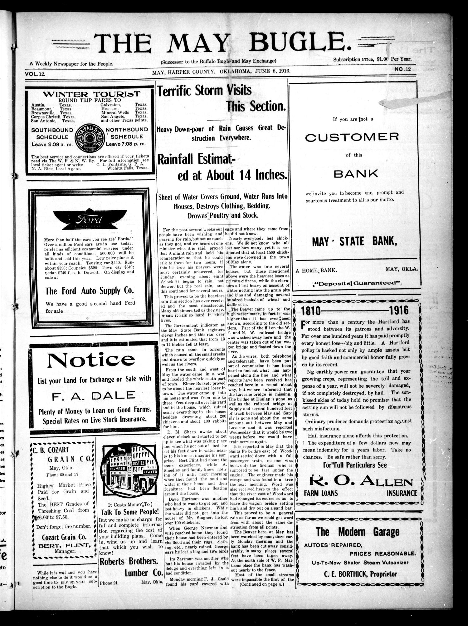 The May Bugle. (May, Okla.), Vol. 12, No. 12, Ed. 1 Thursday, June 8, 1916
                                                
                                                    [Sequence #]: 1 of 4
                                                