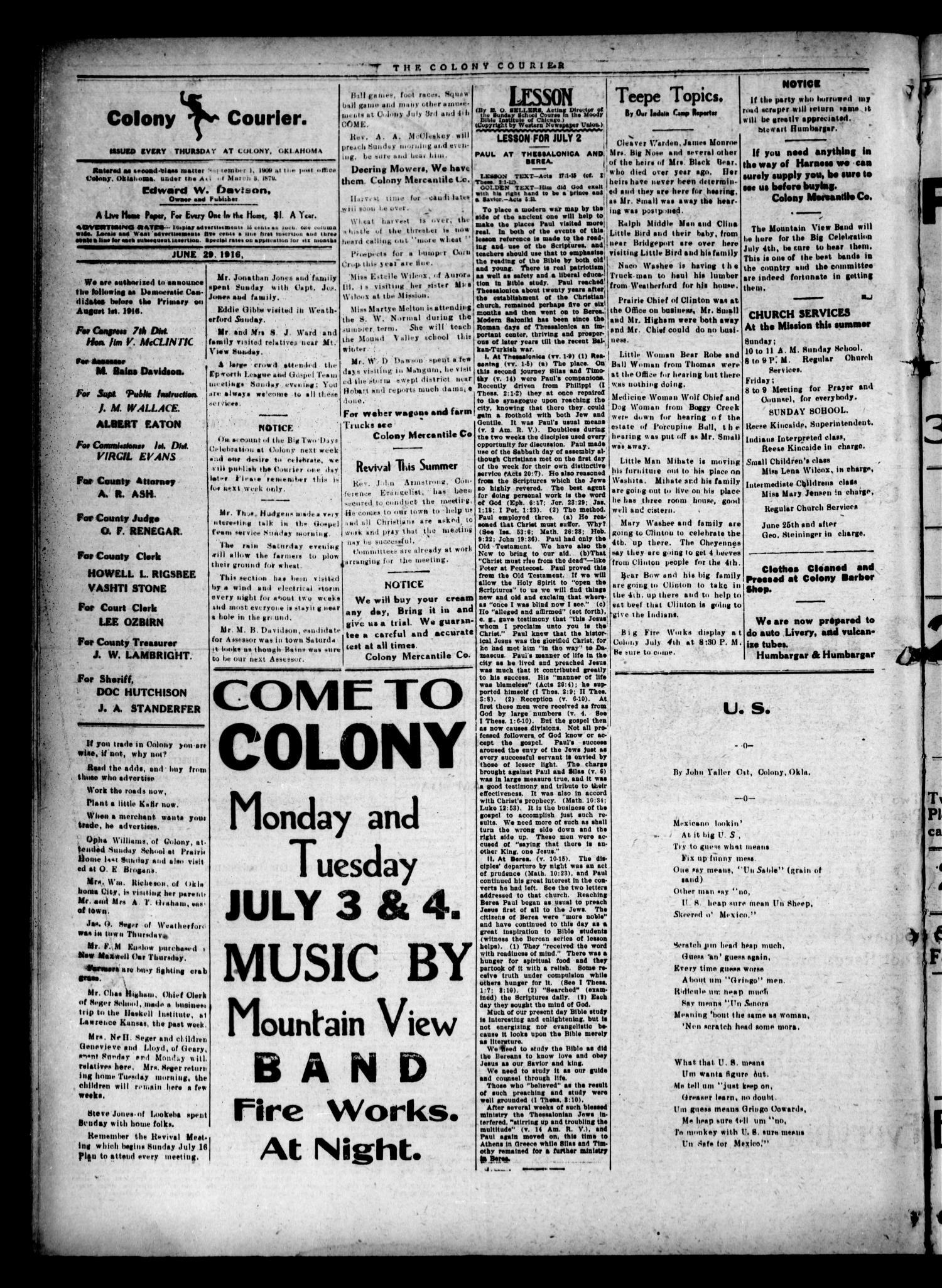 Colony Courier (Colony, Okla.), Vol. 7, No. 41, Ed. 1 Thursday, June 29, 1916
                                                
                                                    [Sequence #]: 4 of 8
                                                