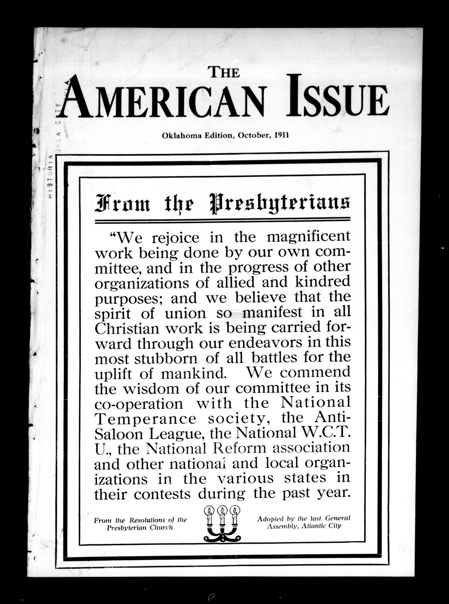 The American Issue (Oklahoma City, Okla.), Vol. 7, No. 10, Ed. 1 Sunday, October 1, 1911
                                                
                                                    [Sequence #]: 1 of 20
                                                