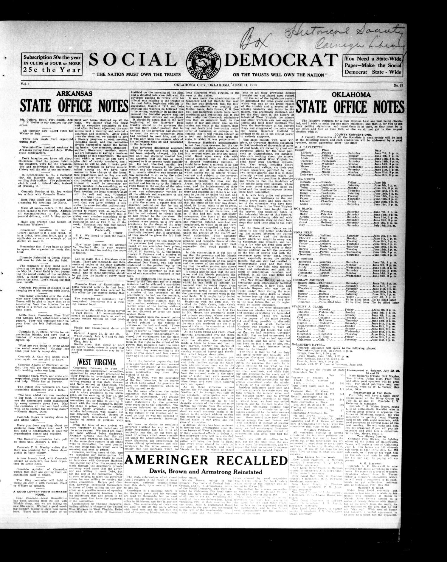 Social Democrat (Oklahoma City, Okla.), Vol. 1, No. 67, Ed. 1 Wednesday, June 11, 1913
                                                
                                                    [Sequence #]: 1 of 4
                                                