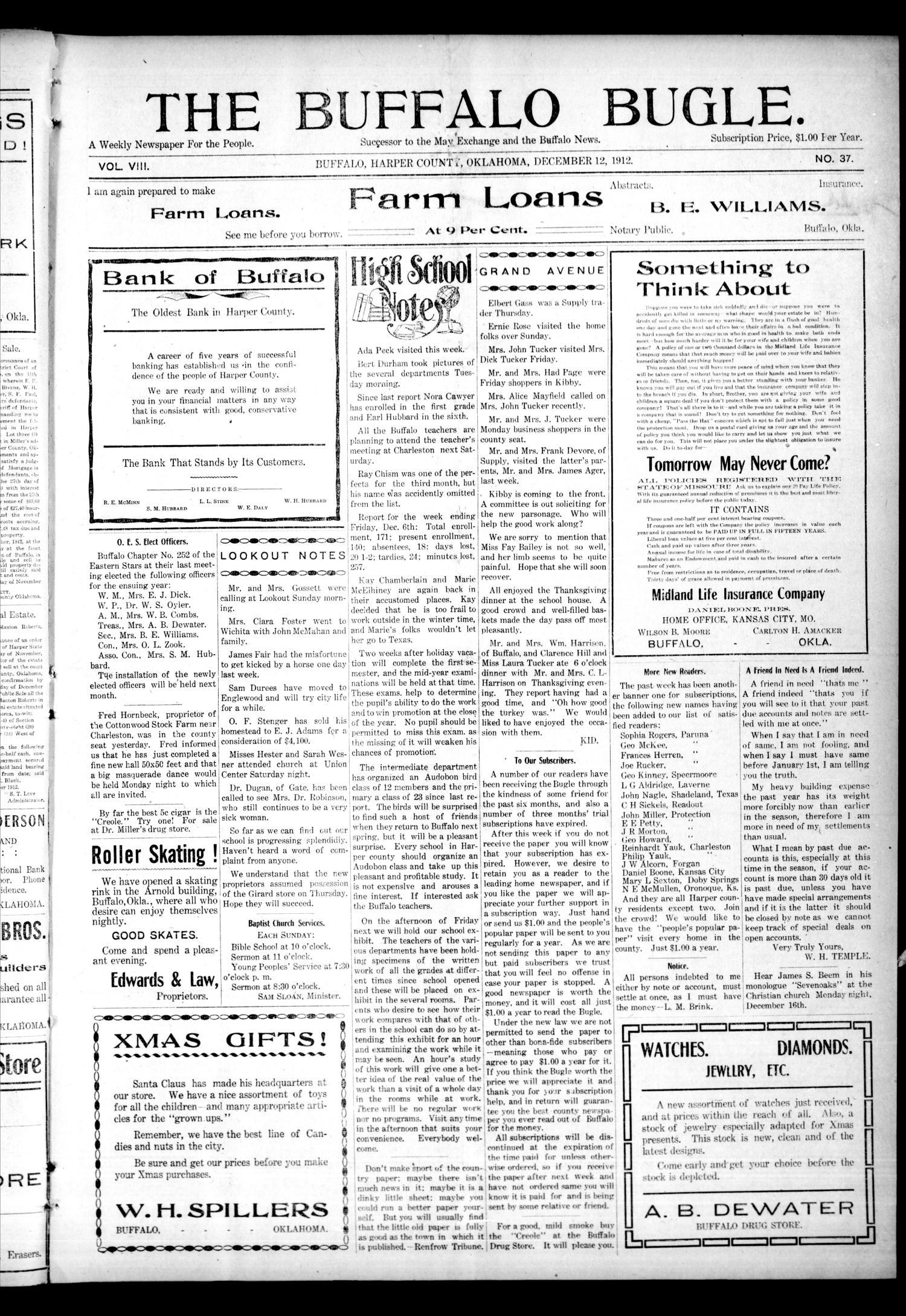 The Buffalo Bugle. (Buffalo, Okla.), Vol. 8, No. 37, Ed. 1 Thursday, December 12, 1912
                                                
                                                    [Sequence #]: 1 of 8
                                                