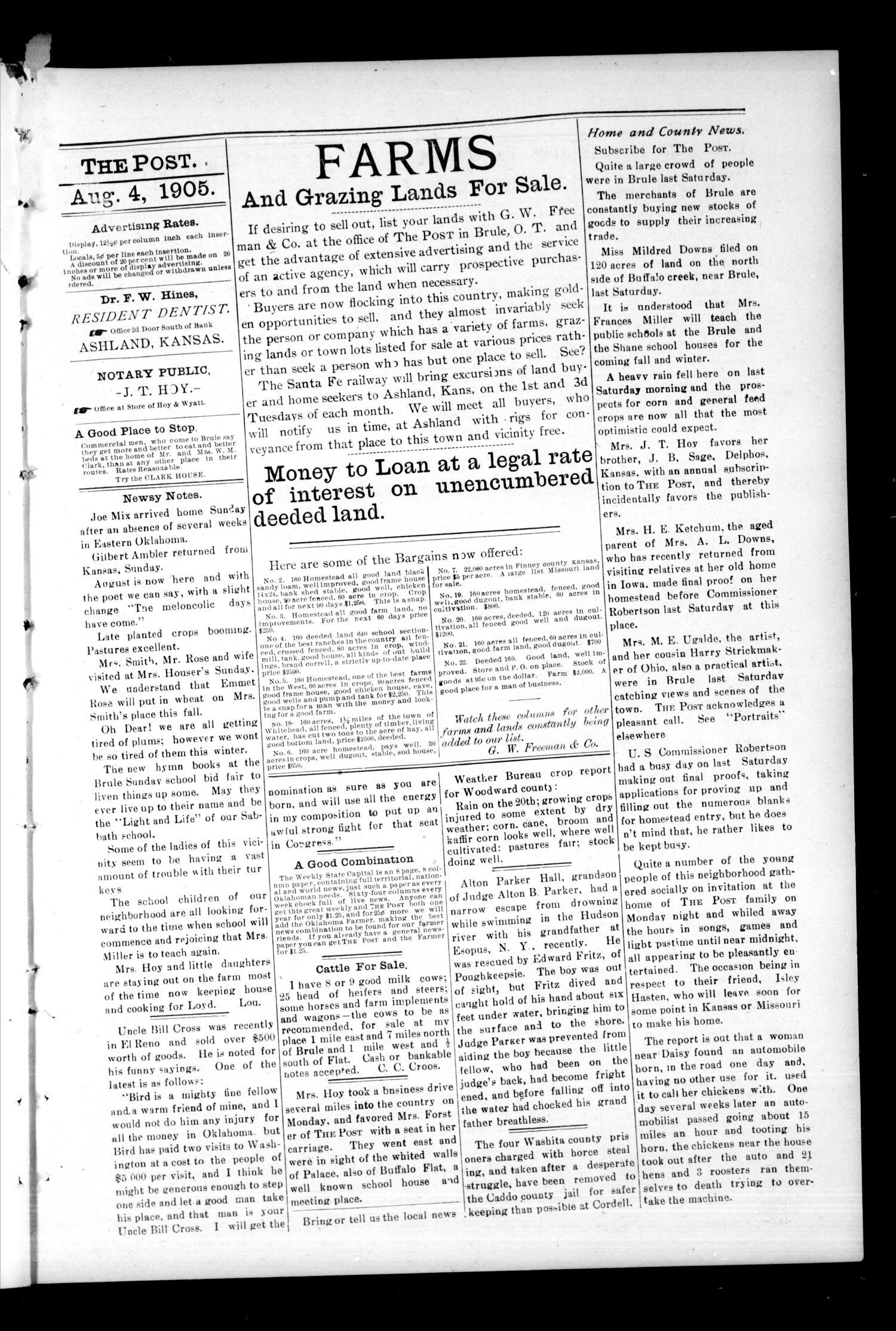 The Post. (Brule, Okla. Terr.), Vol. 1, No. 9, Ed. 1 Friday, August 4, 1905
                                                
                                                    [Sequence #]: 3 of 8
                                                