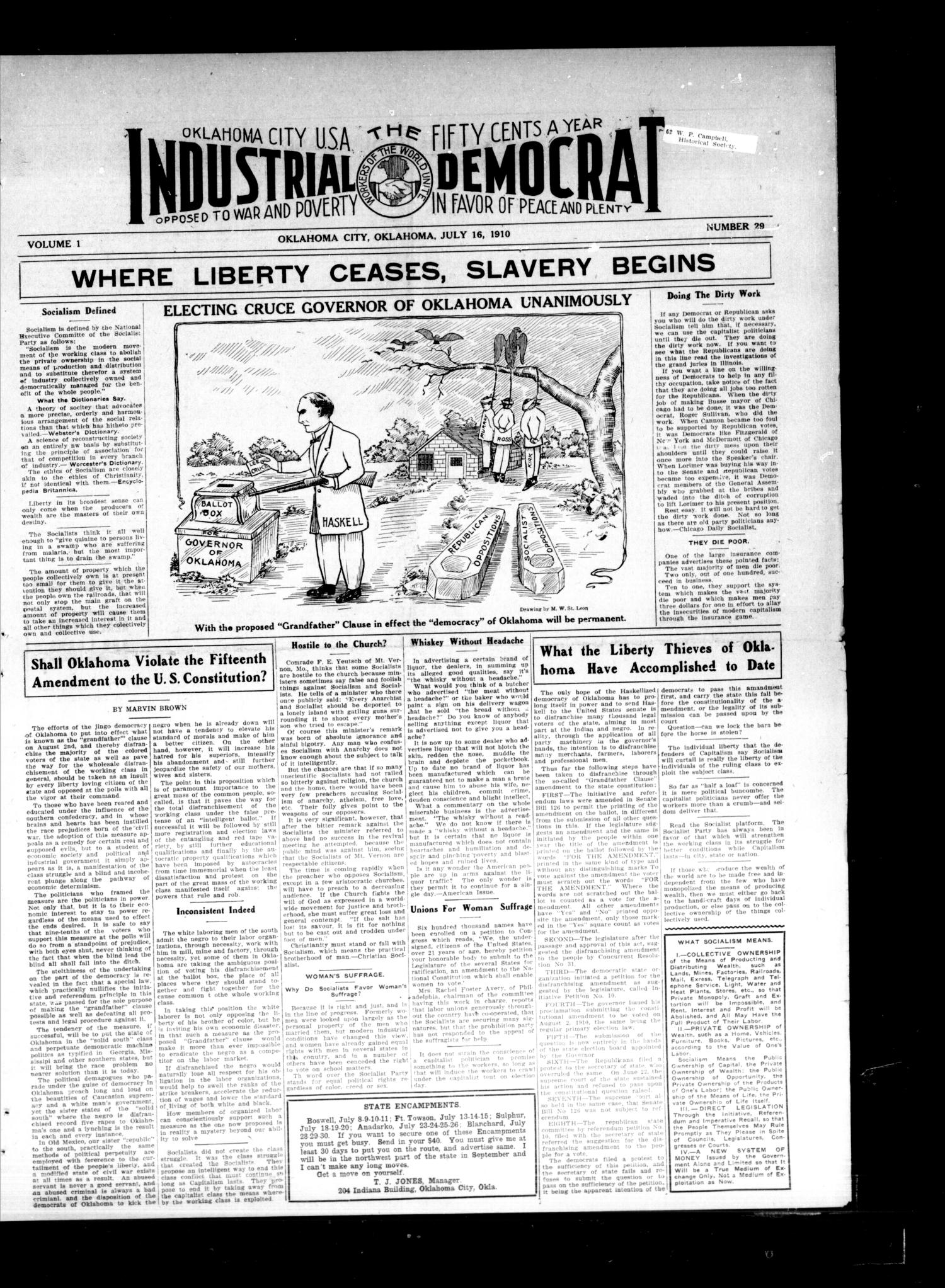 Industrial Democrat (Oklahoma City, Okla.), Vol. 1, No. 29, Ed. 1 Saturday, July 16, 1910
                                                
                                                    [Sequence #]: 1 of 4
                                                
